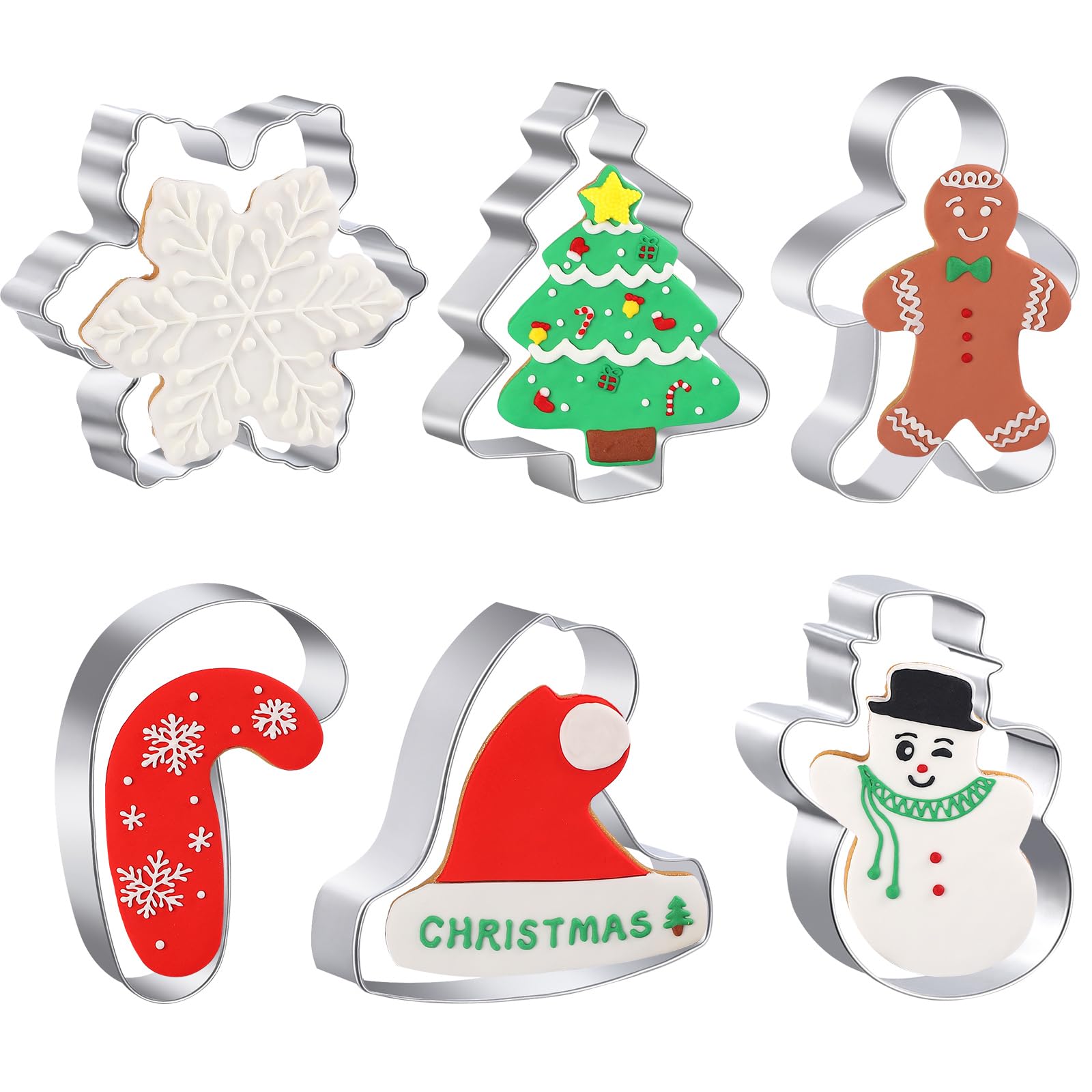 Large Christmas Cookie Cutters - 6 Pcs 4 Inch Holiday Cookie Cutter - Christmas Tree, Santa Hat, Snowflake, Gingerbread Men, Sno