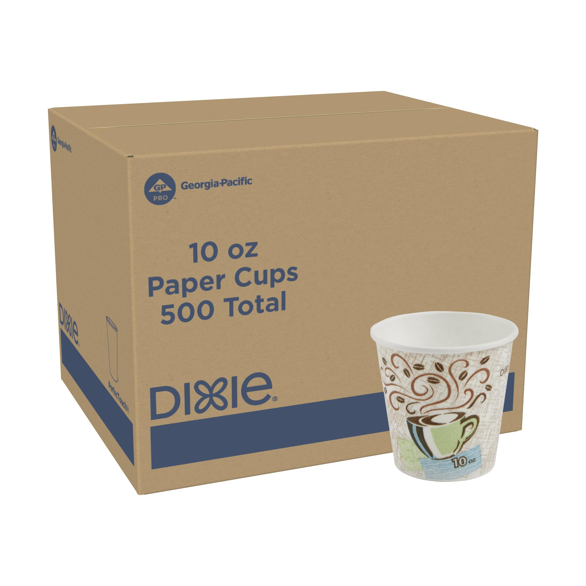 Dixie PerfecTouch 10 oz Paper Coffee Cups By GP PRO, Coffee Haze Design, 500 Count (25 Disposable Cups Per Sleeve, 20 Sleeves Pe