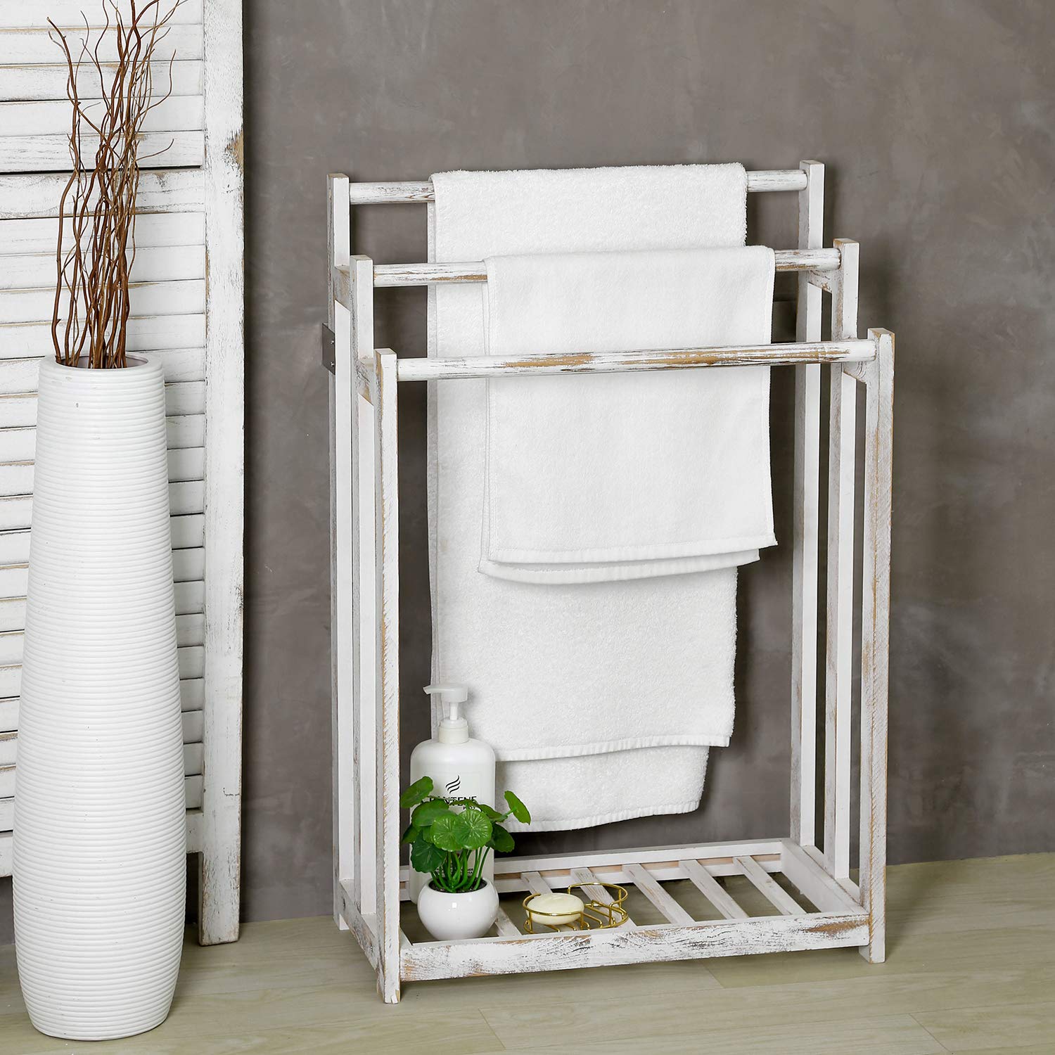 Mygift Shabby Whitewashed Wood Freestanding 3 Bar Towel Rack Holder With Bottom Storage Shelf, Laundry And Bathroom Towel Drying