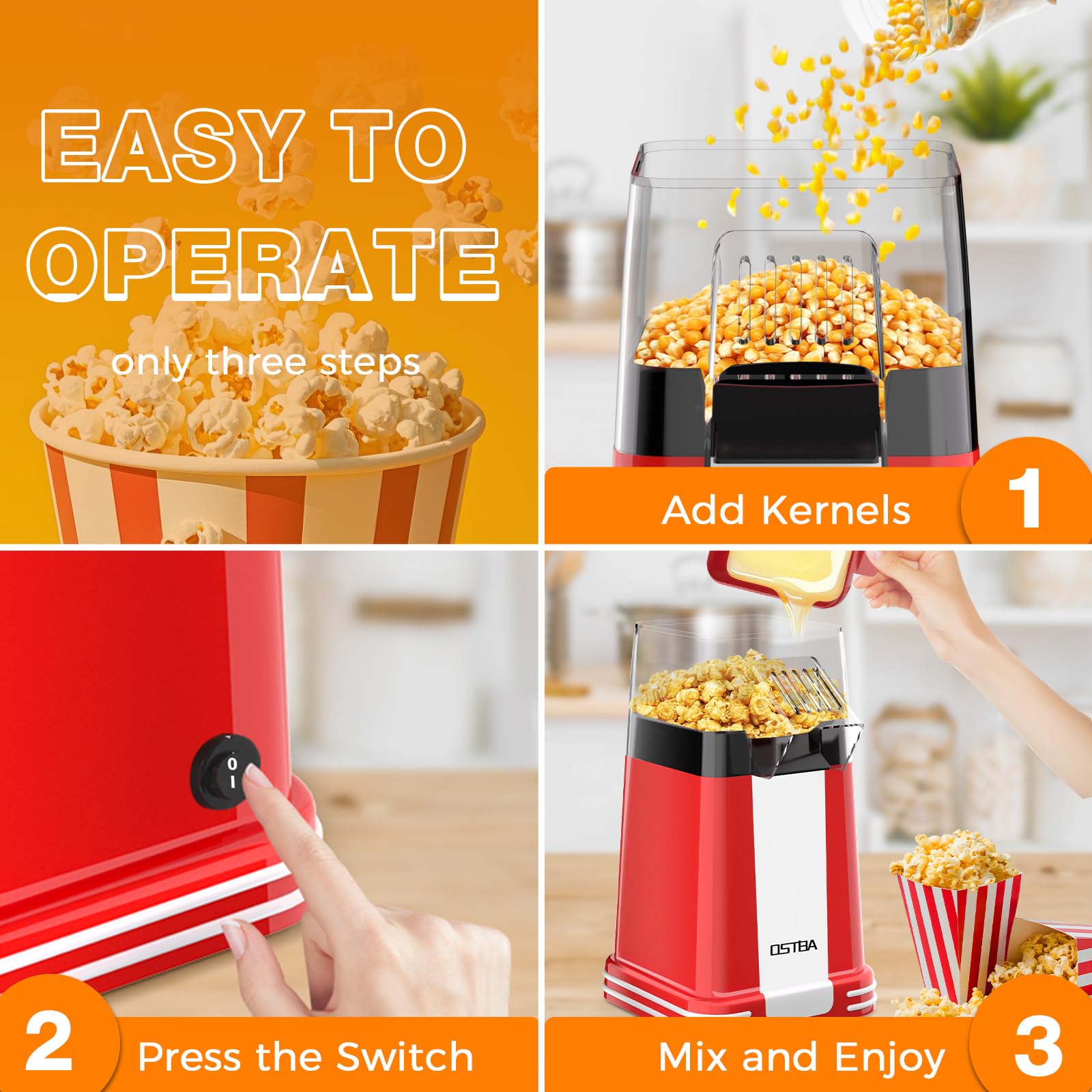 OSTBA Popcorn Maker, 1200W Mini Retro Air Popper Popcorn Machine, 12 Cups Hot Air Popcorn Popper Electric with Butter Tray, Oil-