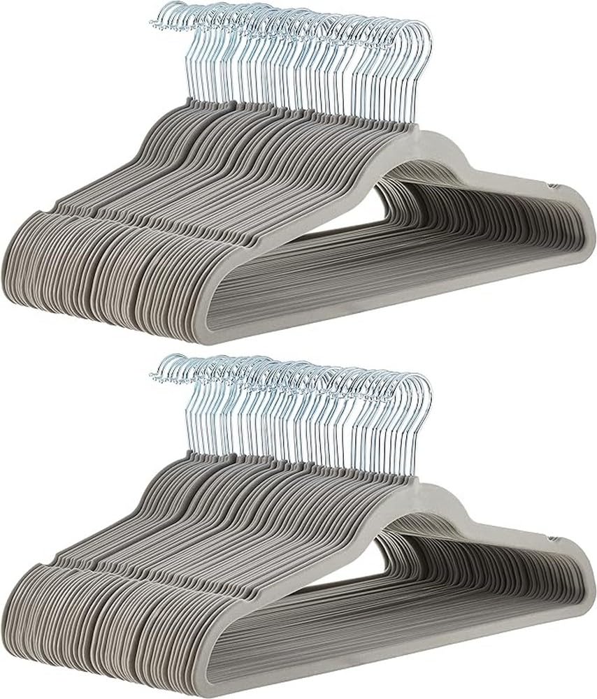 Amazon Basics Slim, Velvet, Non-Slip Suit Clothes Hangers, Gray/Silver - Pack Of 100