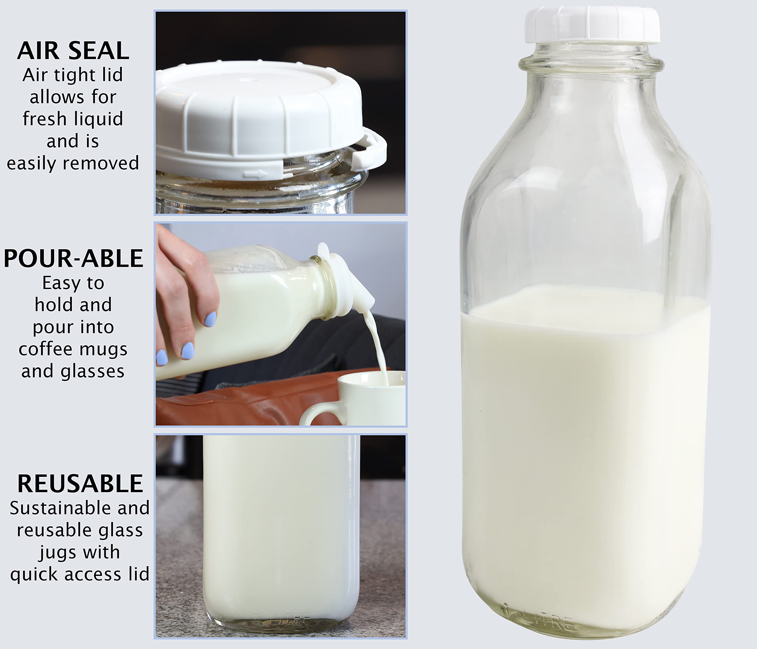 The Dairy Shoppe 1 Ltr. (33.8 Oz.) Glass Milk Bottle Vintage Style With Cap & New Silicone Pour Spouts! (2 Pack)