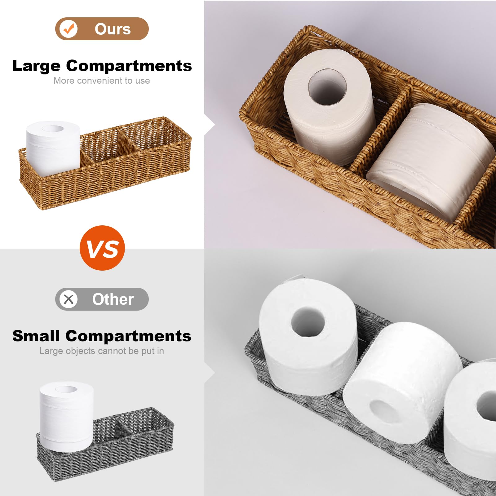 Wicker Toilet Paper Basket: 3 Water-resistant Compartments Organizer - Extra-Large Storage for Bulk Rolls & Toiletries (Farmhous