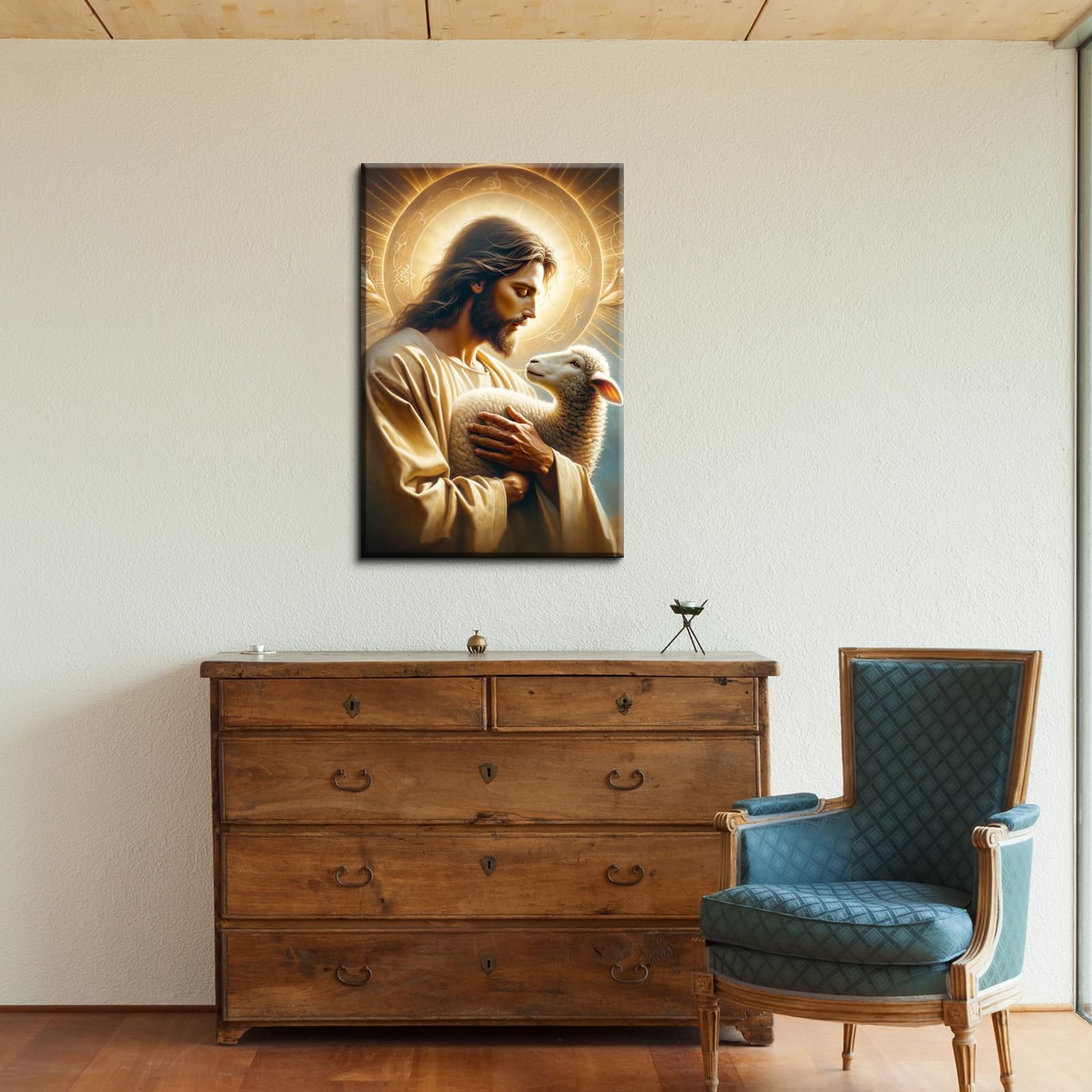 Yonica Christian Wall Art Jesus Chasing Lost Lamb Canvas Print Inspirational Wall Decor 20X30 Inch Home Decor