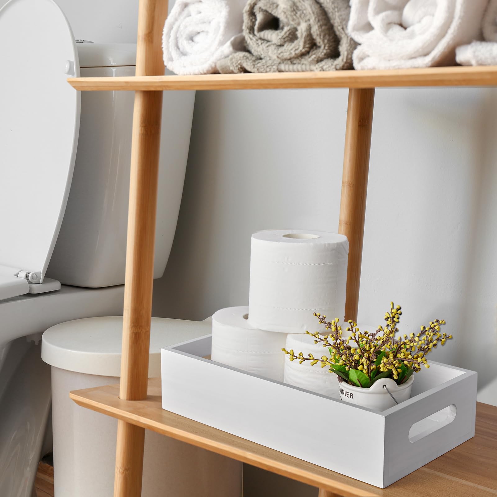 Alelion White Bathroom Basket - Wooden Toilet Tank Paper Basket With Handle For Organizing - Back Of Toilet Storage Organizer Fo