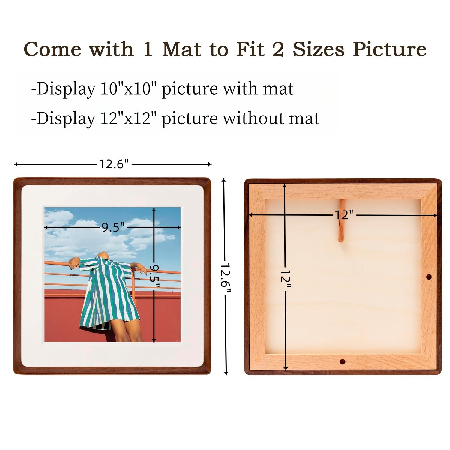 FLECHAZO 12x12 Frame, Natural Solid Walnut Wood 12x12 Picture Frame with Mat for 10x10 Photos, Square Wall Gallery Photo Frame f