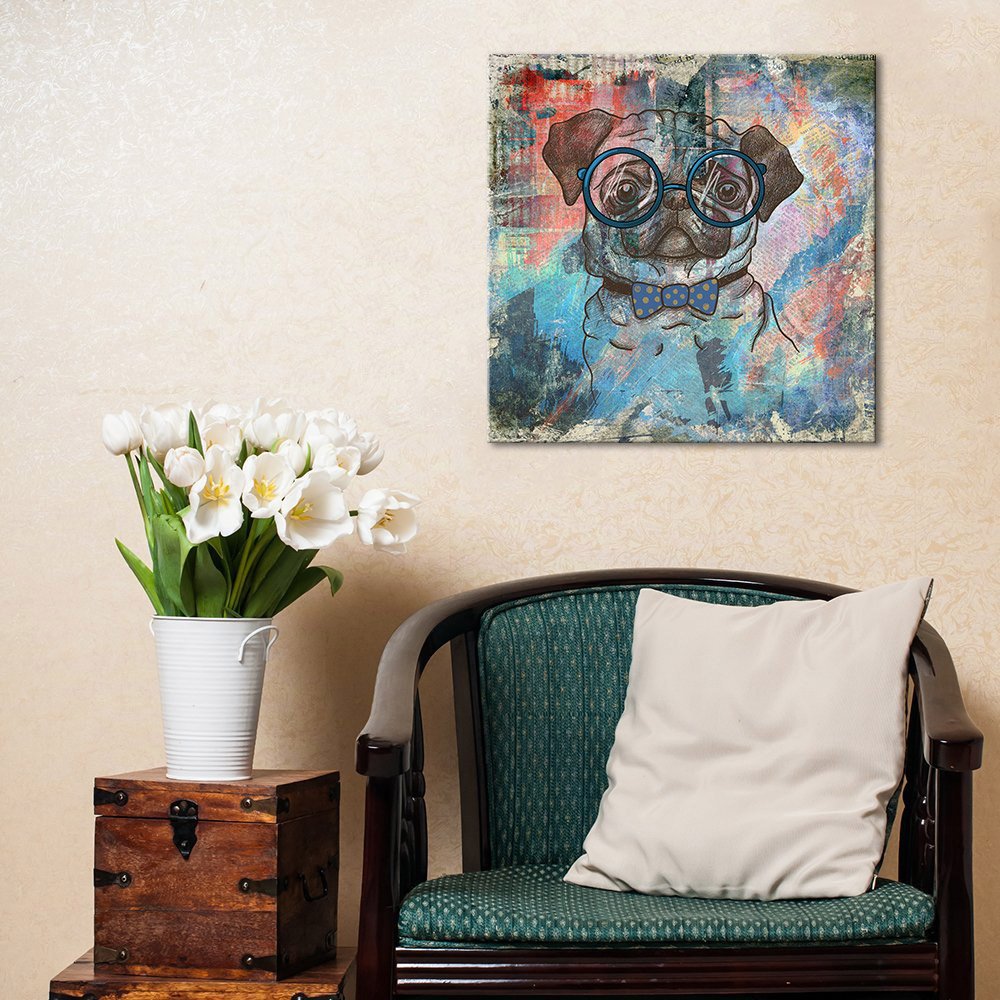 Wall26 Square Dog Series Canvas Wall Art - Vintage Style Colorful Painting Of A Pug With Glasses - Giclee Print Gallery Wrap Mod