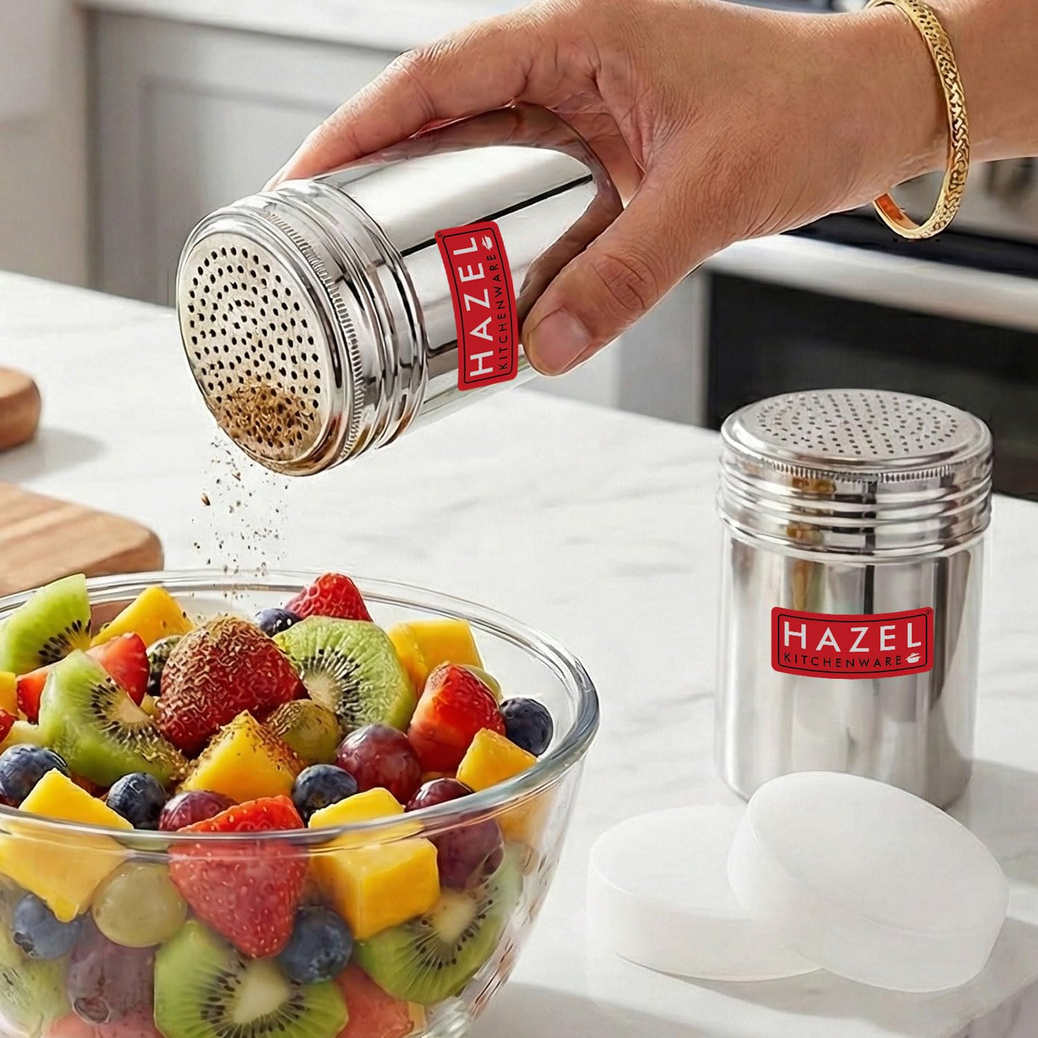 Hazel Stainless Steel Masala Powder Shaker | Dredger Without Handle With Plastic Lid, Silver (2 Pieces)