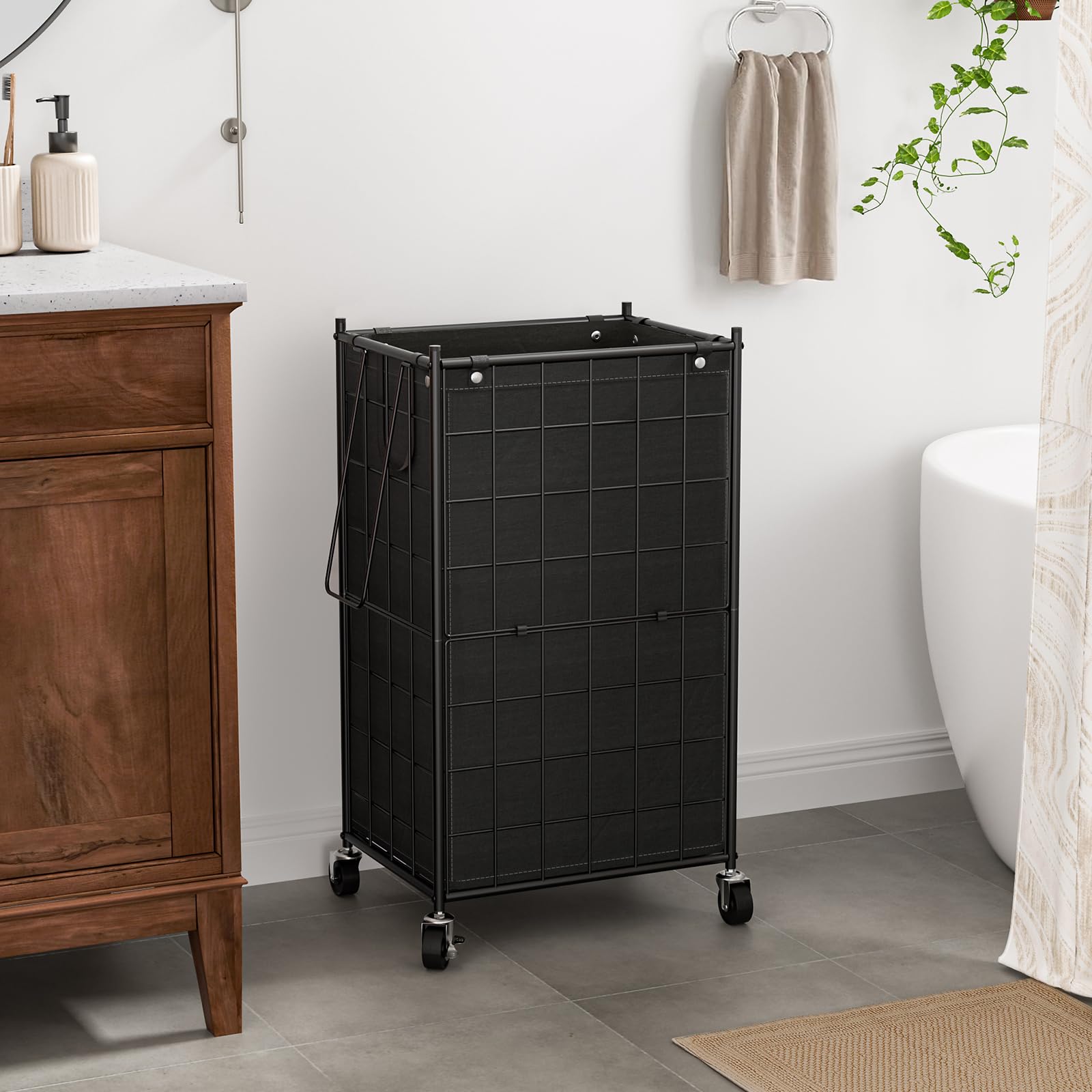 Wowlive Laundry Hamper With Wheels,Metal Wire Frame Rolling Laundry Basket With Removable Bag,100L Dirty Clothes Hamper Organize