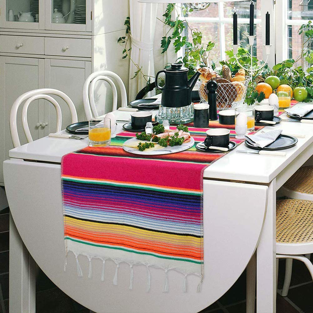 Fowecelt Mexican Serape Table Runner 14 X 84 Inch For Mexican Party Wedding Decorations Outdoor Picnics Dining Table, Fringe Cot