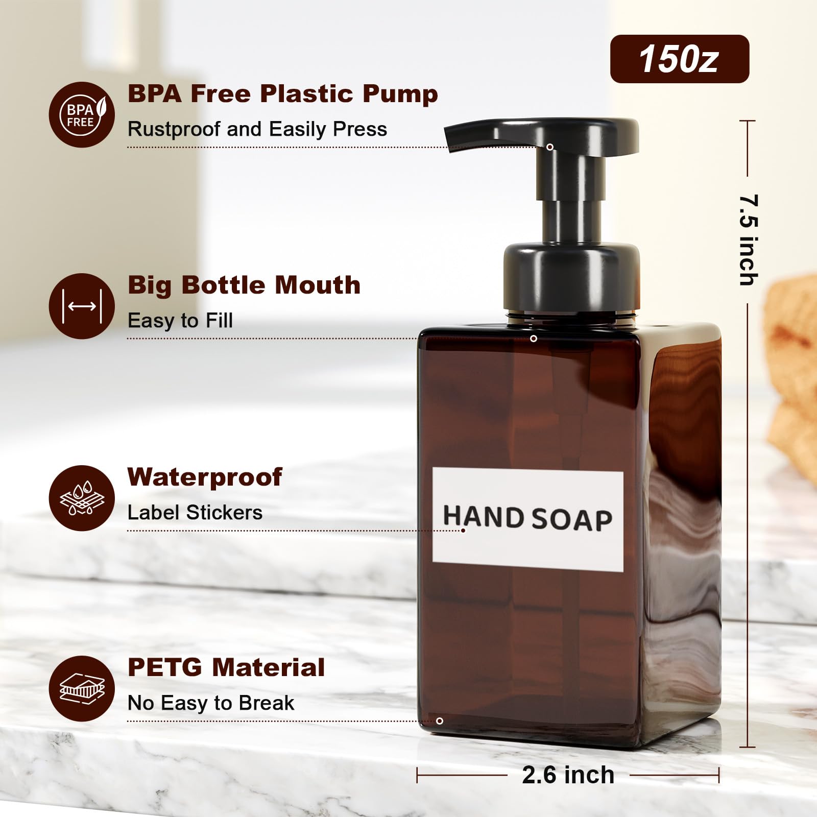 Kzeirm Foaming Soap Dispenser, Amber Foam Soap Dispenser, Refillable Foaming Hand Soap Dispenser, Set Of 2 Foam Pump Bottle, Bro