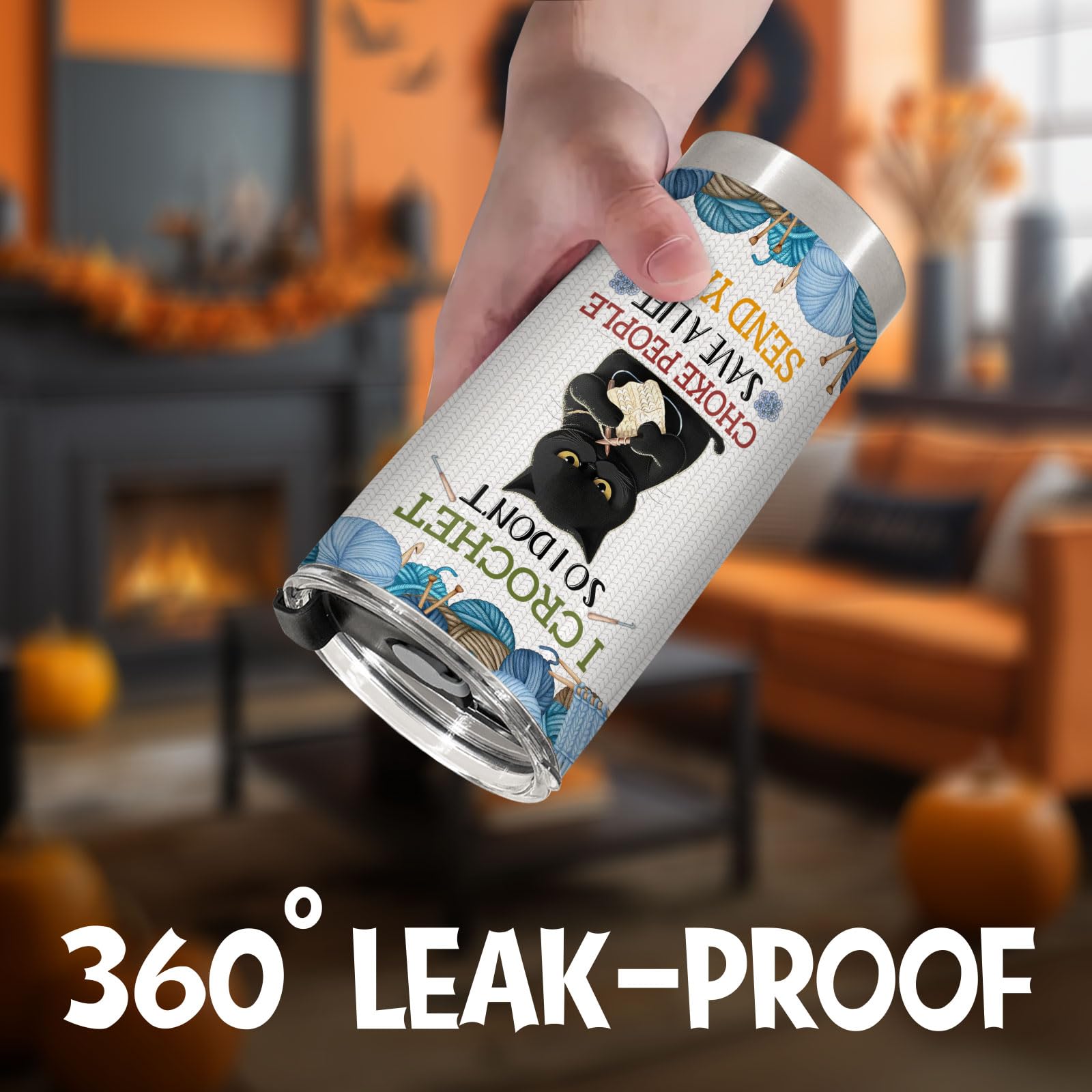 34HD Black Cat Tumbler with Lid, 20oz Vacuum Insulated Cat Coffee Cup, I Crochet So I Dont Choke People Mug, Crochet Lover Gifts