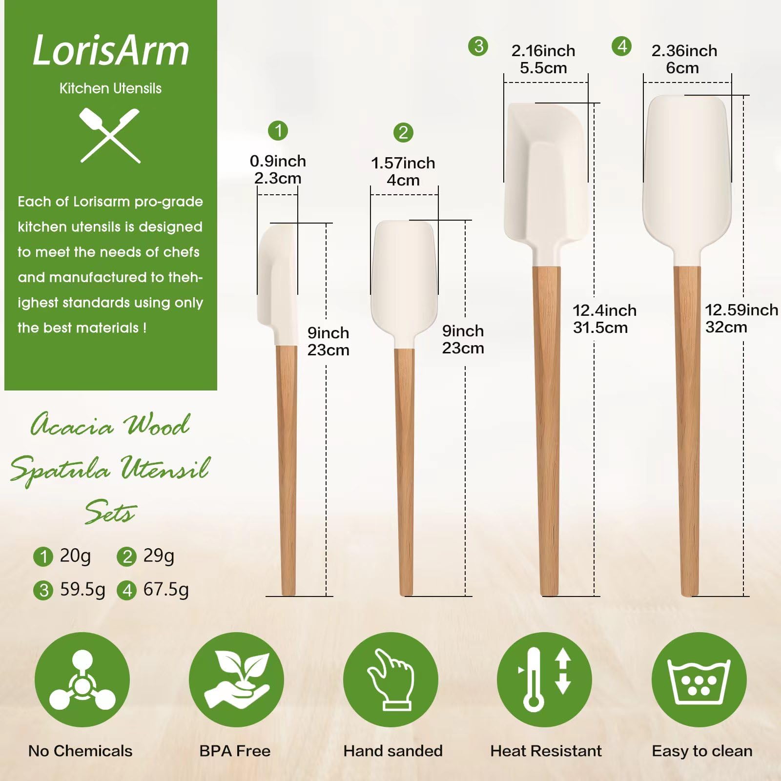 Lorisarm Wooden Long Handle Jar Spatulas, 12'' & 9'' Rubber Spatula Scraper Silicone Spatulas For For Jar, Blender, Bottle.