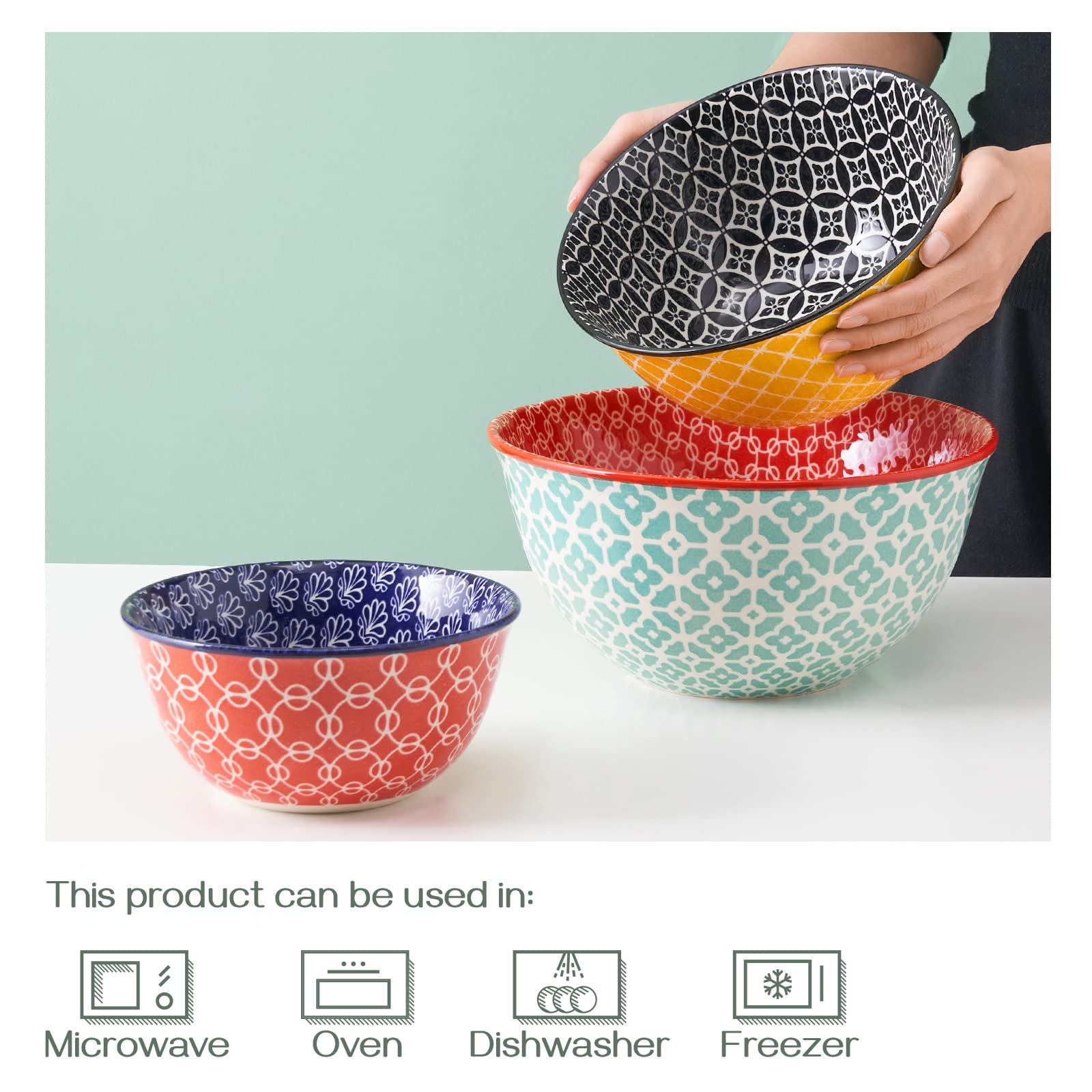 DOWAN Ceramic Mixing Bowls Set of 3, Multicolor, 3.7/2/1 Qt, Microwave & Dishwasher Safe, Vibrant Nesting Bowls for Cooking & Serving