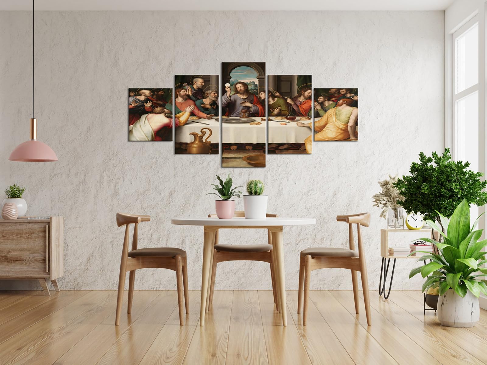 YOUHONG 5 Piece Leonardo Da Vinci Religious Wall Decor Christian Wall Art Jesus Wall Art The Last Supper Painting for Dining Room Decor (60''W x 32''H)