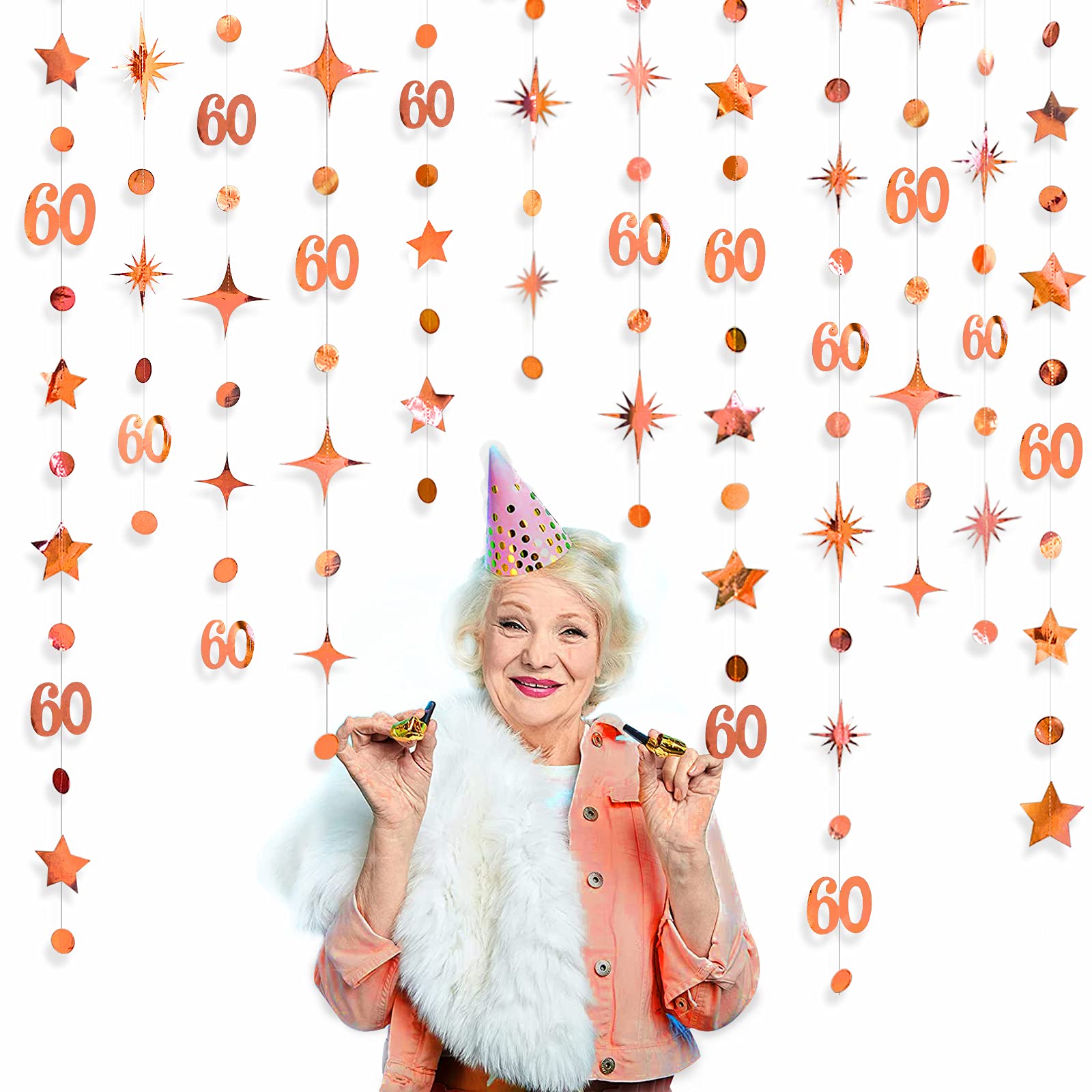 Rose Gold 60Th Birthday Decorations Number 60 Circle Dot Twinkle Star Garland Metallic Hanging Streamer Bunting Banner Backdrop