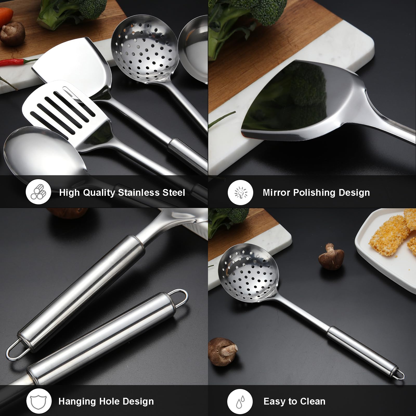 Ragyzity Stainless Steel 5-Piece Utensil Set, 5-Pieces All Metal Long Handle Cooking Tools, Heat Resistant Kitchen Gadgets Utens