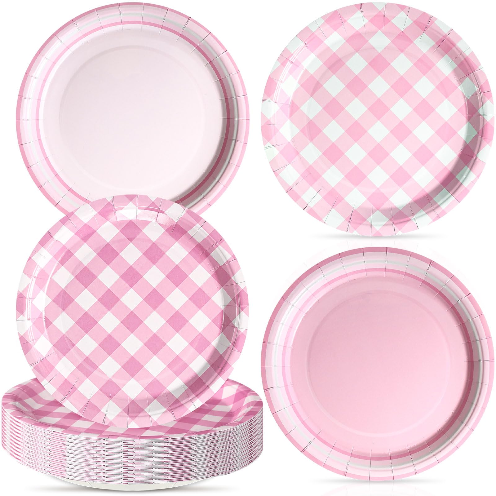 Tiangrid 60 Pcs Pink Gingham Plates 9 Inch Disposable Checkered Plaid Dinner Paper Dessert Plates for Birthday Baby Shower Weddi