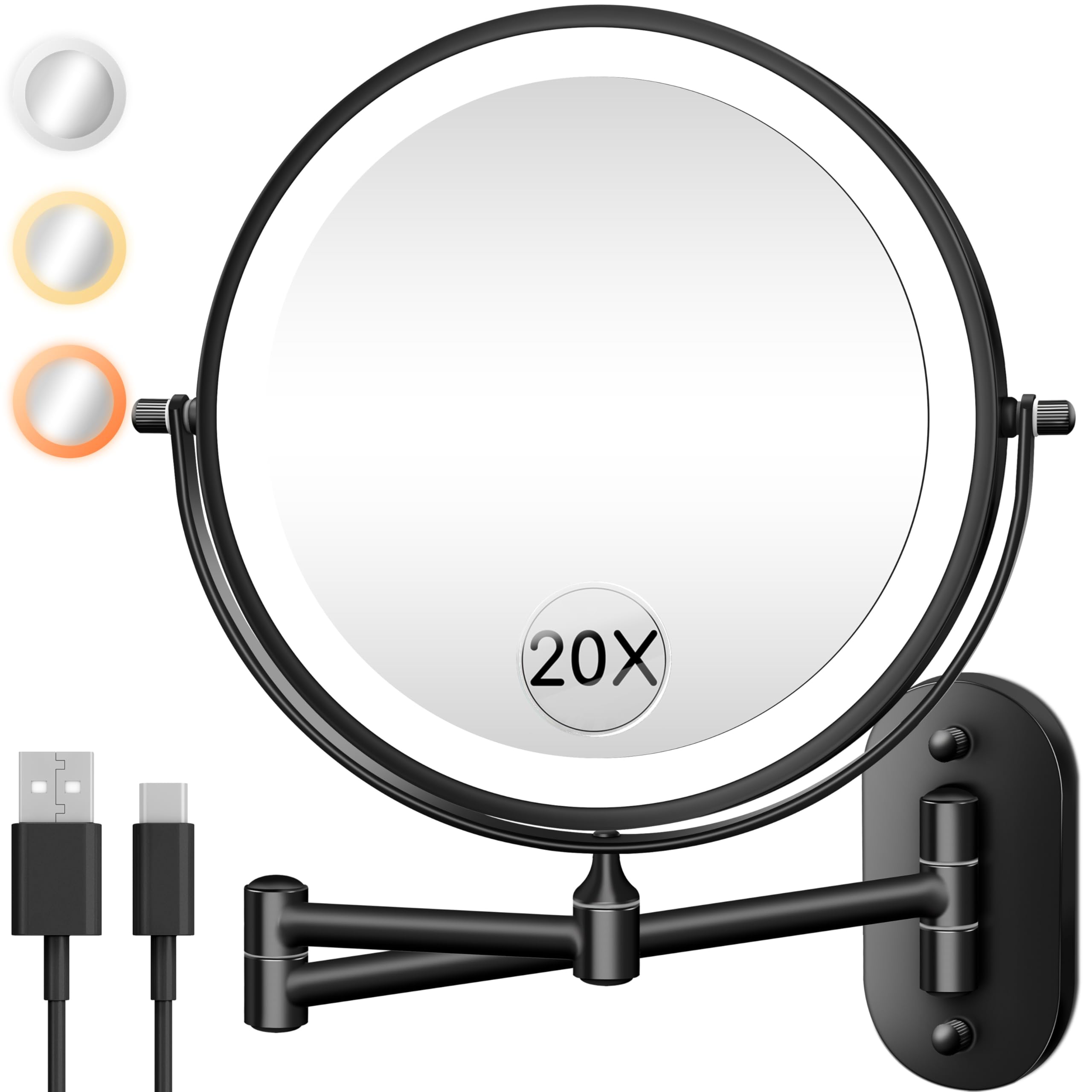 Wall Mounted Makeup Mirror With Light, 20X/1X 8'' Double Sided Led Magnifying Bathroom Lighted Vanity Mirror With Magnification,