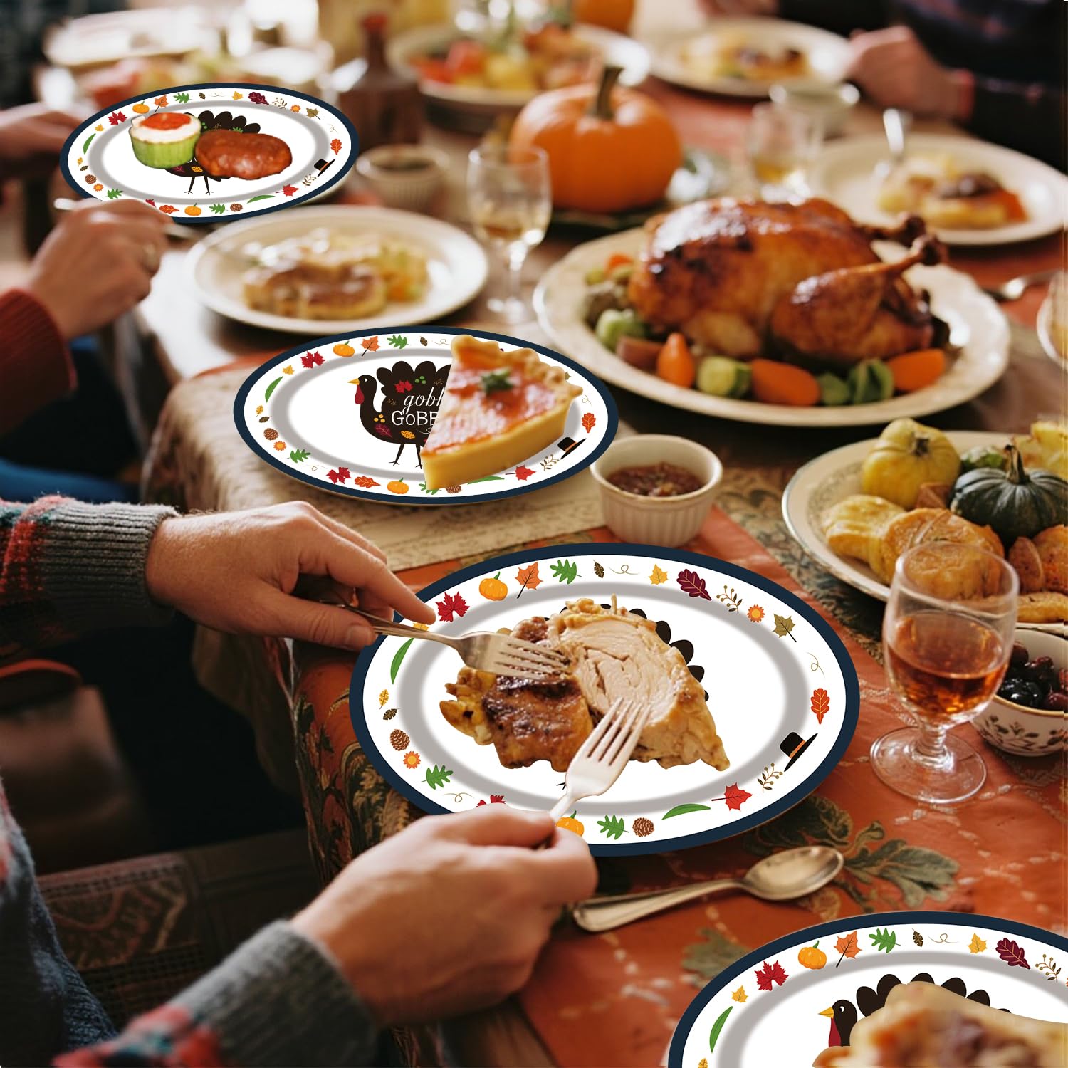 PAMMYAN 50 Pack Oval Thanksgiving Turkey Paper Plates, A turkey with Gobble gobble!, 13inch  10.6inch Thanksgiving Disposable Di