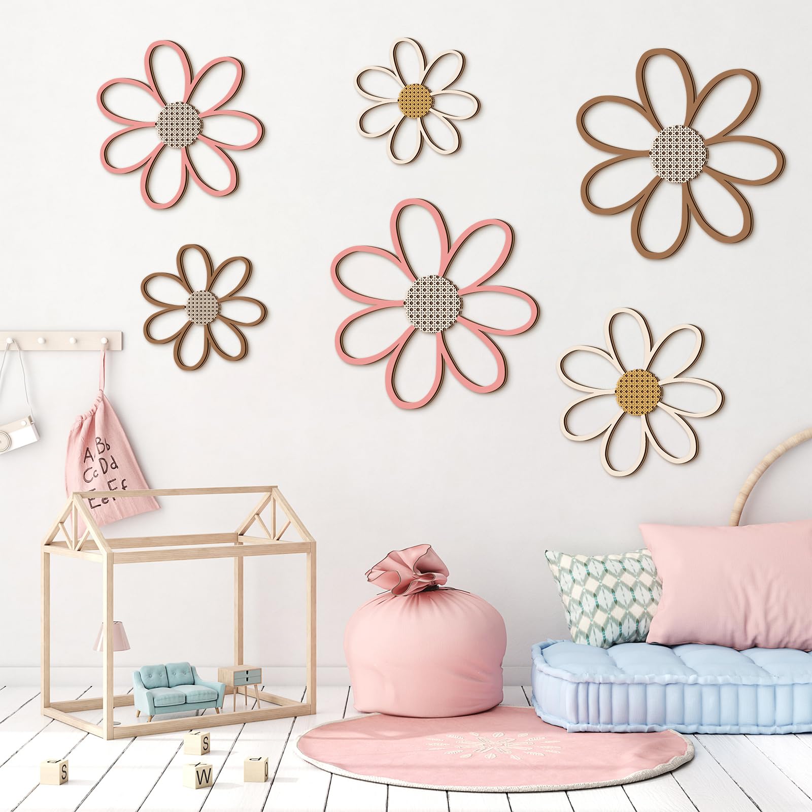 Thyle 6 Pcs Daisy Wall Decor Wooden Daisy Wall Art Flowers Signs Hanging Plaque for Home Nursery Bedroom Farmhouse Bathroom Deco