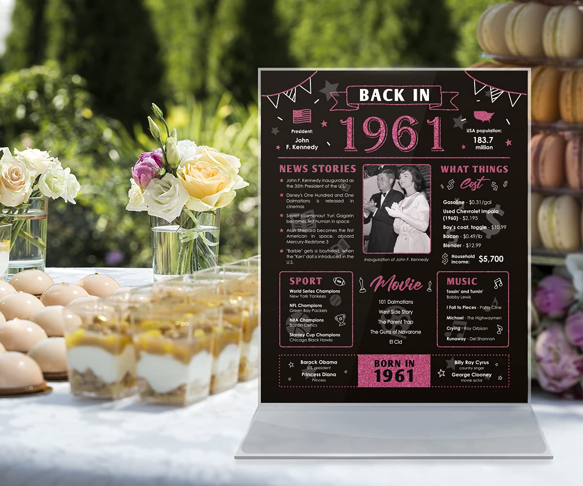Back in 1961 Birthday Card - 62nd Birthday Gift for Women - 62nd Birthday Decoration for Her or Him - Table Centerpiece for 62 Years Old Birthday Party - Black and Pink Poster [Unframed 8x10]