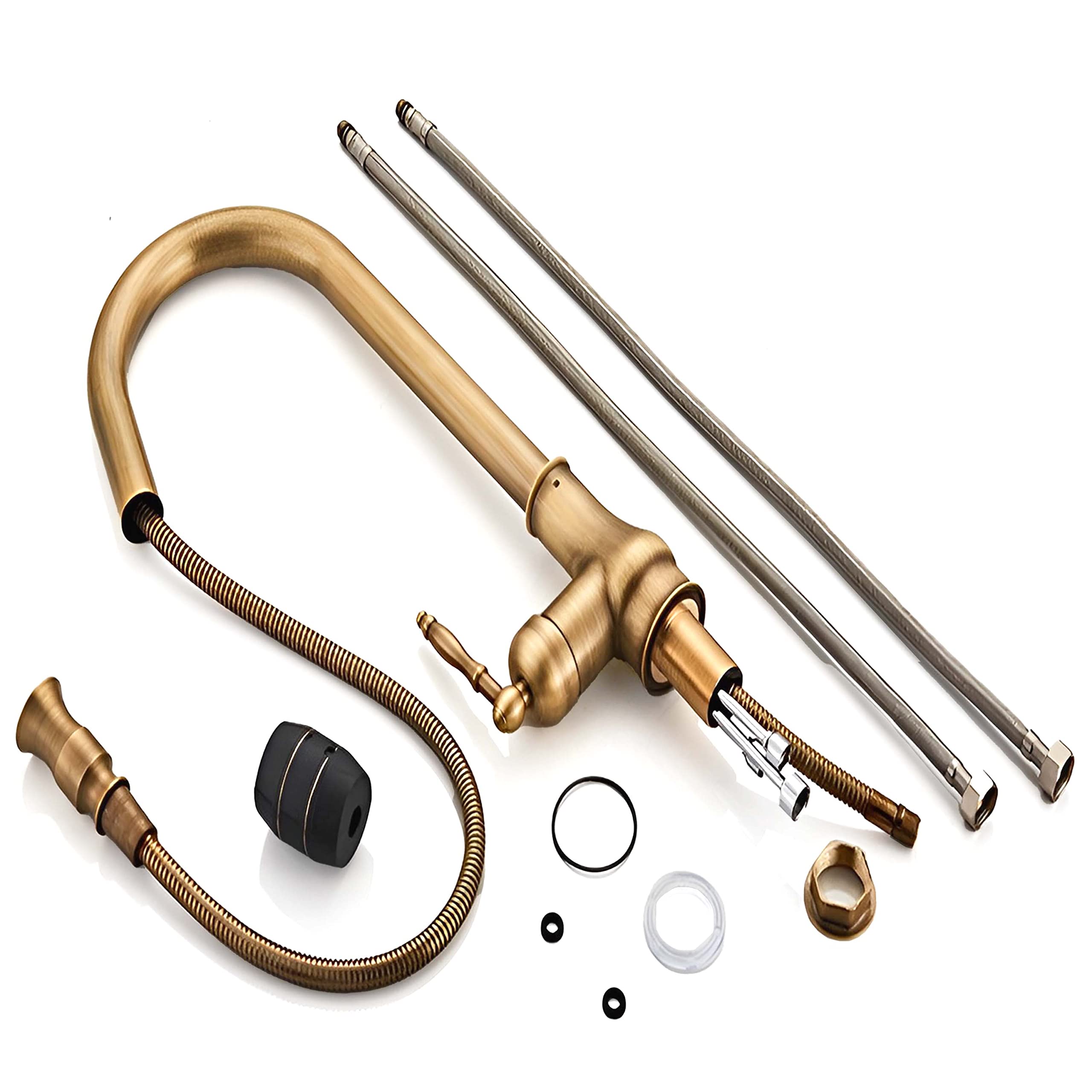 Single Handle Kitchen Faucet,Antique Copper One Hole Pull Out Pull Down Widespread Brass Faucet Body With Cold Hot Mixer Hoses