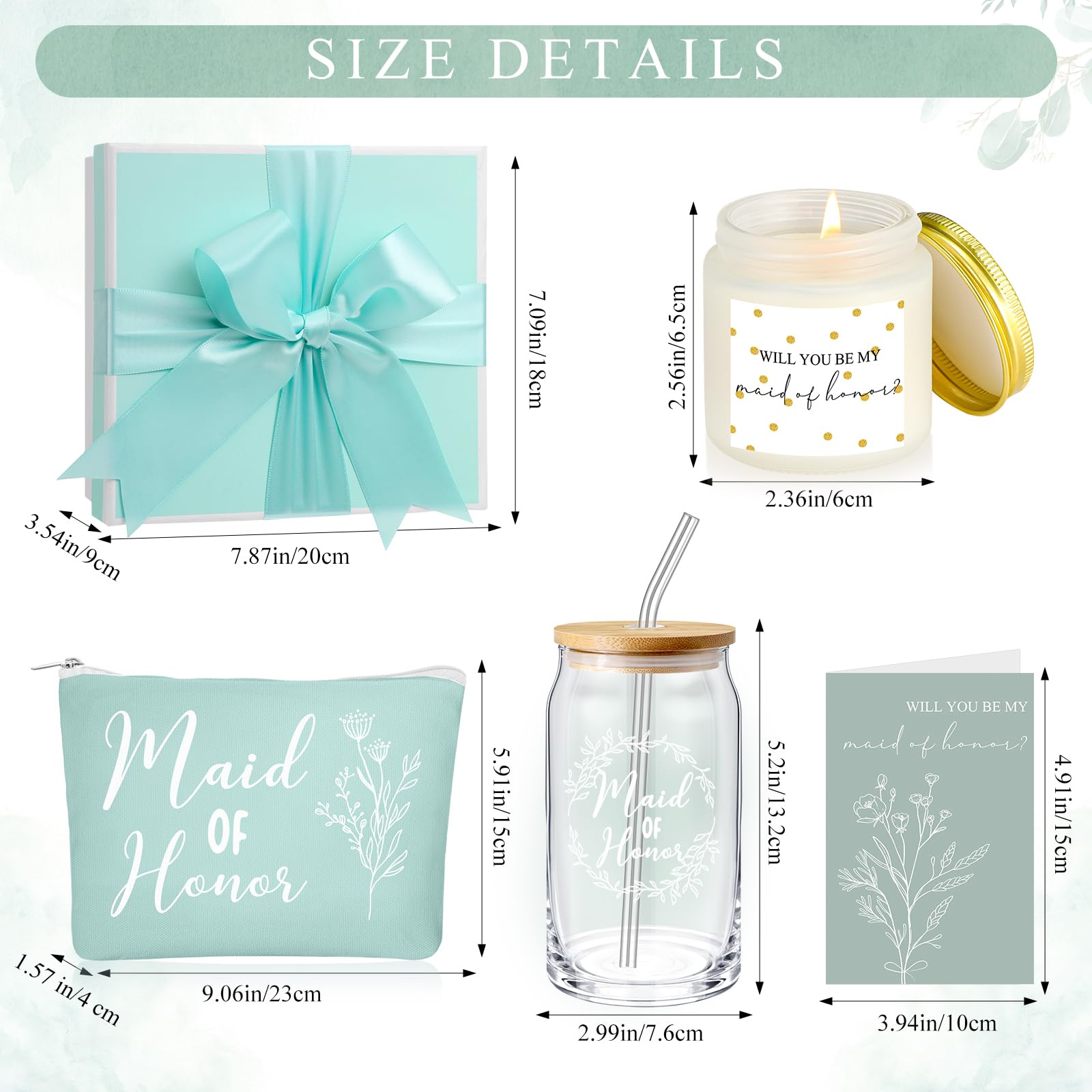 Inbagi Maid of Honor Gifts Box Set of 5 Includes Glass Cup with Lid and Straw Makeup Bag Sage Scented Candle Wedding Invitation