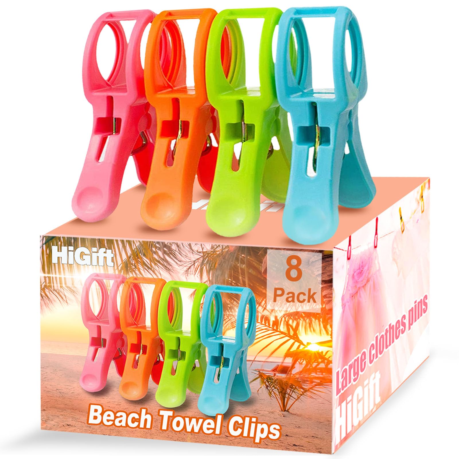 Higift 8 Pack Beach Towel Clips For Beach Chairs, Large Pool Chair Clips For Towels-Cruise Essentials, Plastic Clothes Pins To K