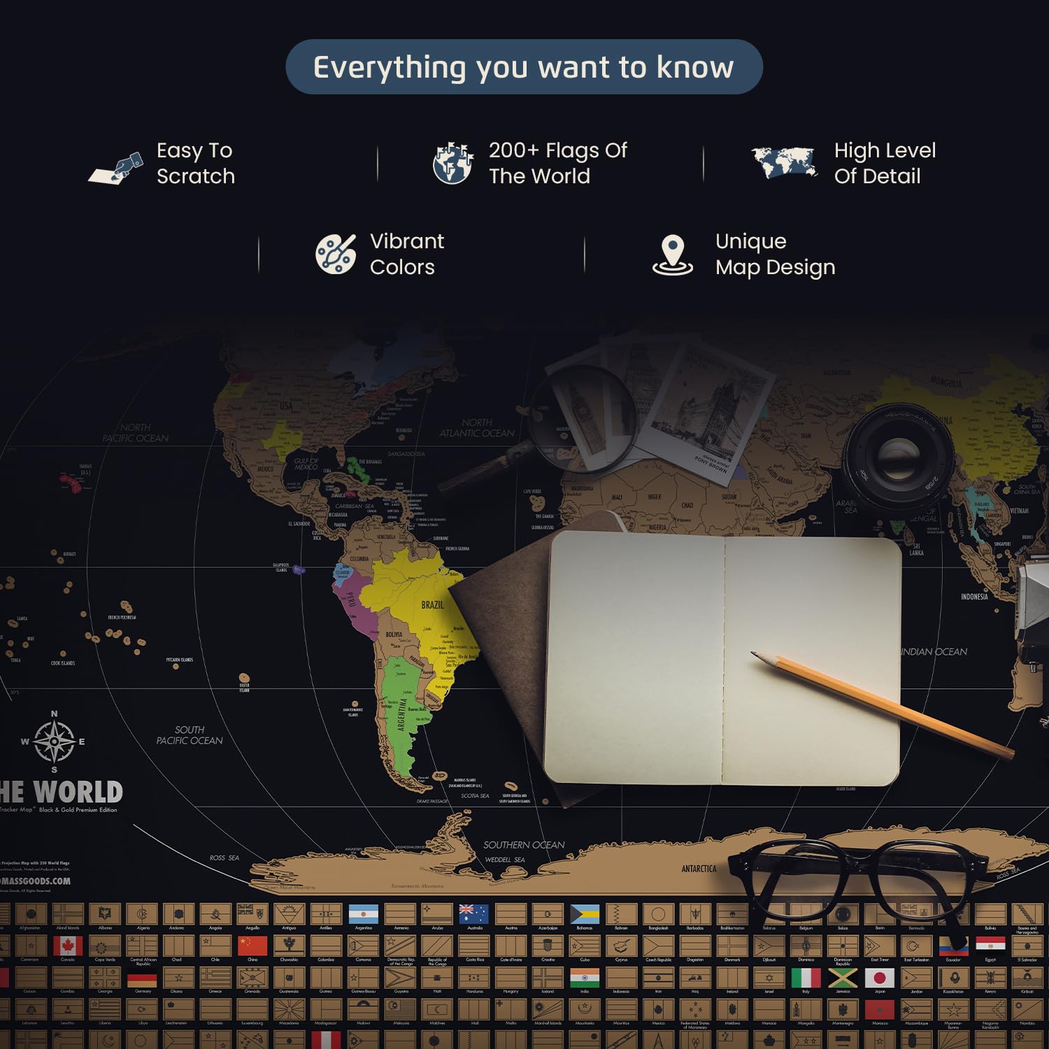 Landmass Scratch Off World Map, Deluxe Travel Tracker Map Poster With Flags, Detailed Cartography, Map Of The World, Gift Idea F