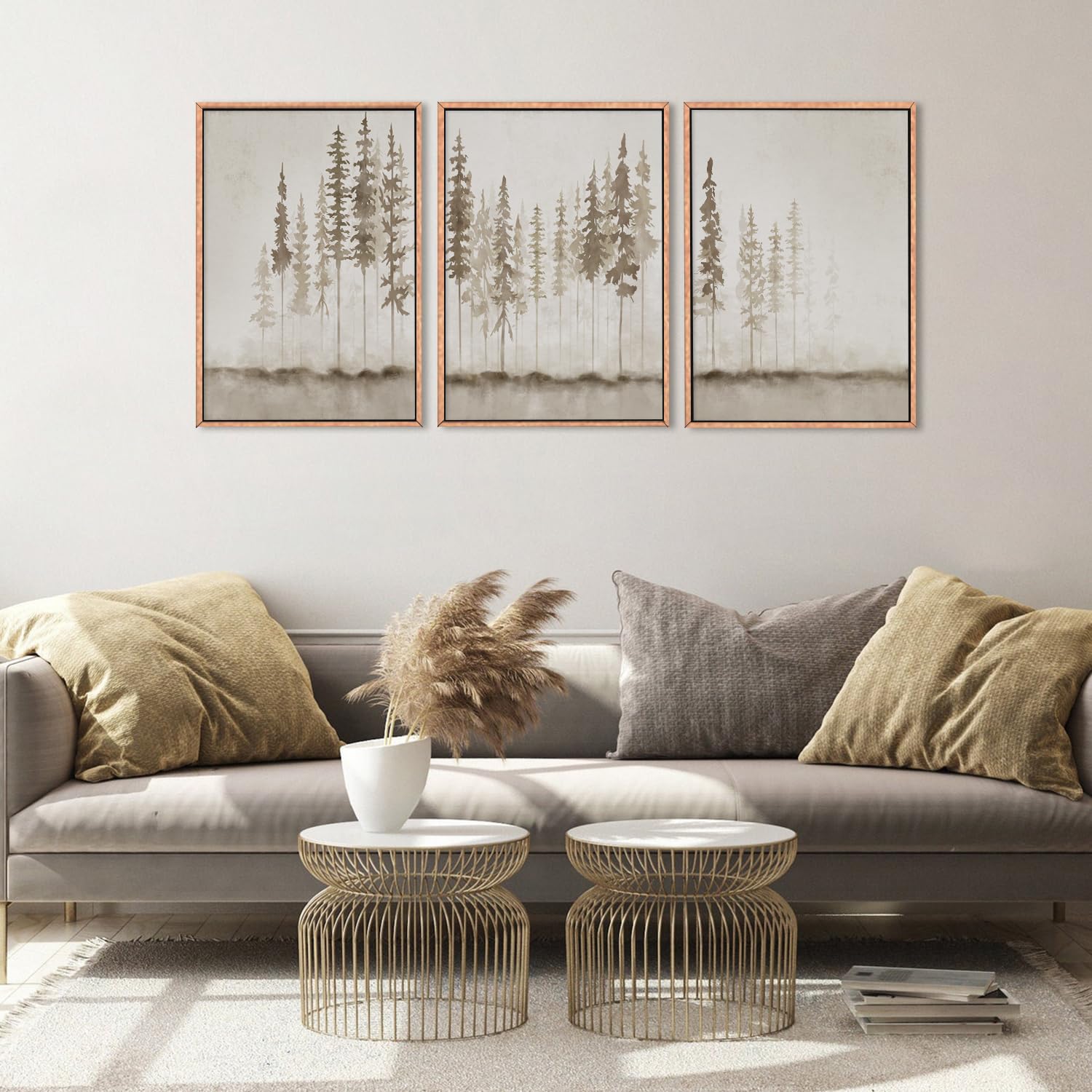 Hpinub Large Misty Forest Framed Canvas Wall Art Set, Modern Foggy Pine Tree Wall Decor, Pastel Nature Landscape Wall Painting,