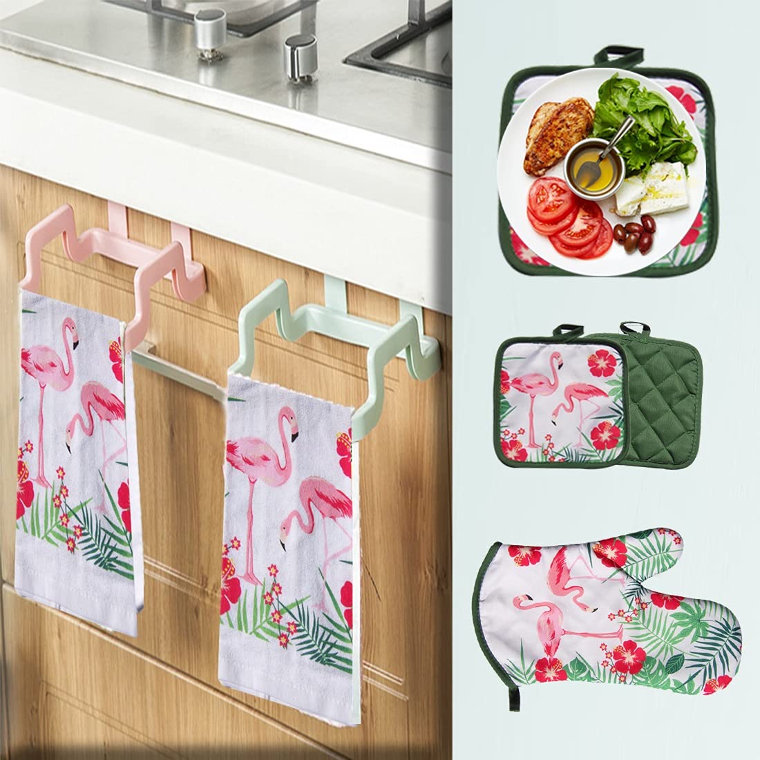 Lobyn Value Packs - 5 Piece Tropical Kitchen Towel Set: Features Flock Of Pink Flamingos, 2 Decorative Dish Towels, 1 Oven Mitt,