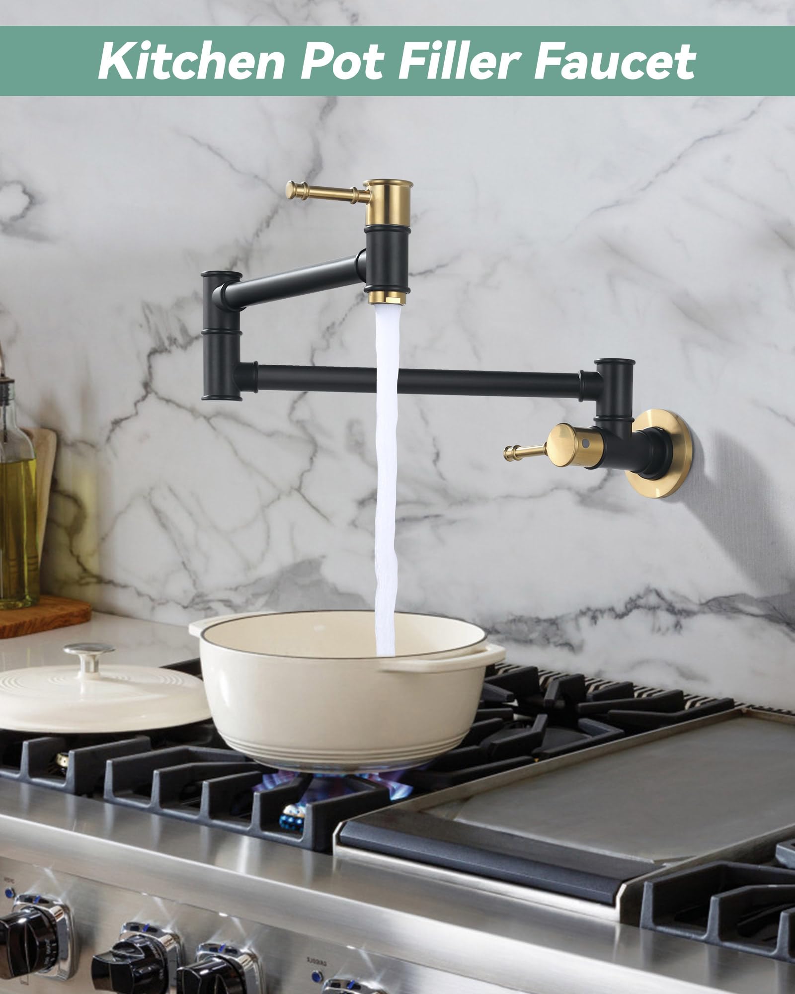 Pot Filler Faucet Black Gold, Wall Mount Stove Faucet For Kitchen Sink, Brass Kitchen Pot Faucet Over Stove, Pot Filler Folding