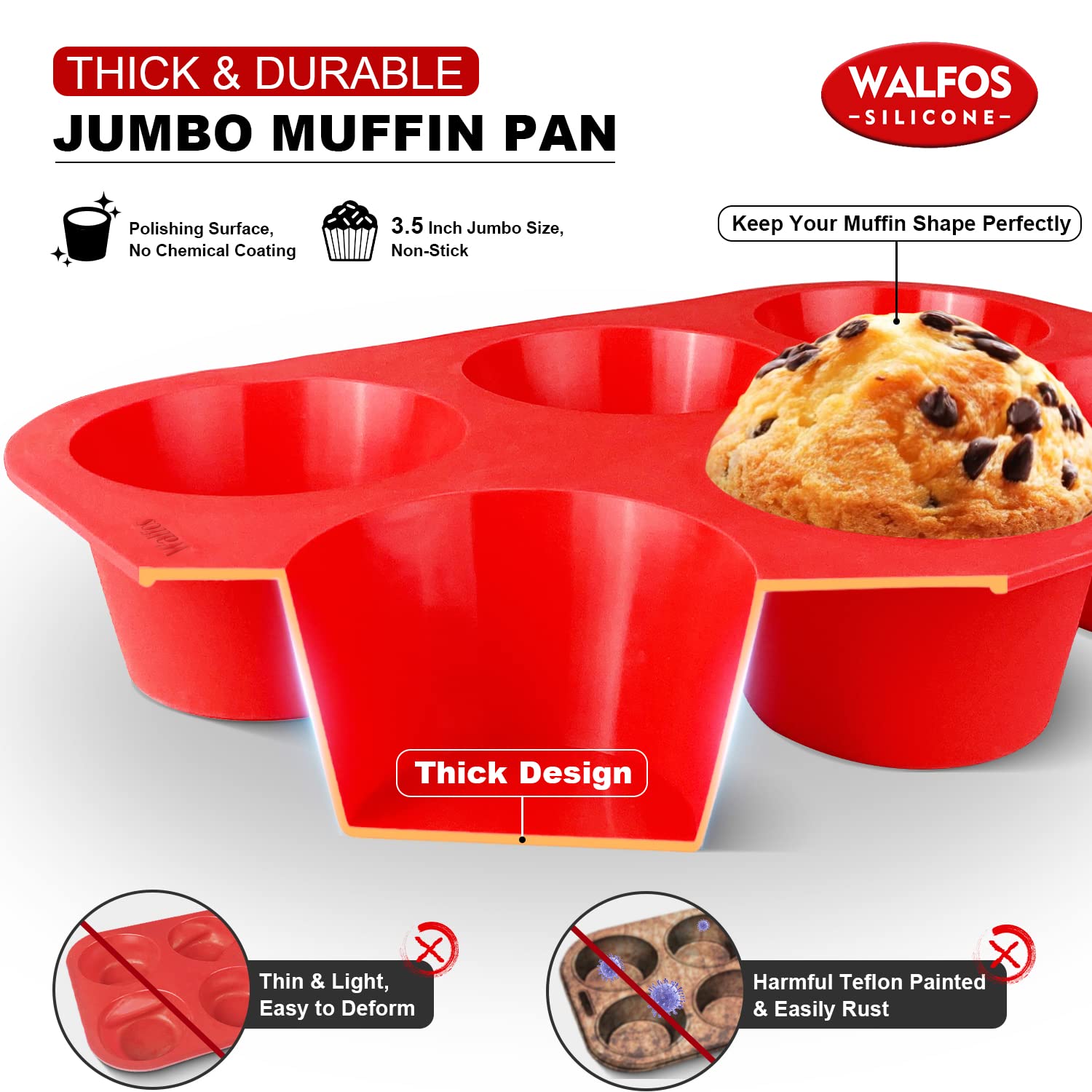 Walfos Silicone Texas Muffin Pan Set- 6 Cup Jumbo Silicone Cupcake Pan, Non-Stick Silicone, Just Pop Out! Perfect For Egg Muffin