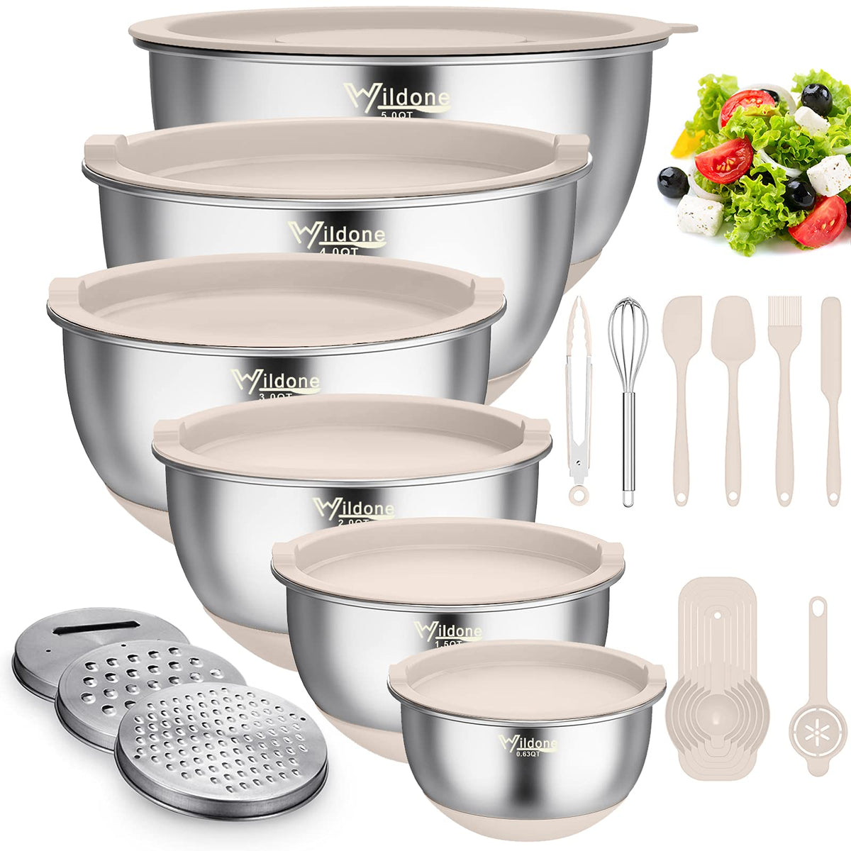 Wildone Mixing Bowls With Airtight Lids, 22 Pcs Stainless Steel Nesting Bowls, With 3 Grater Attachments, Scale Marks & Non-Slip