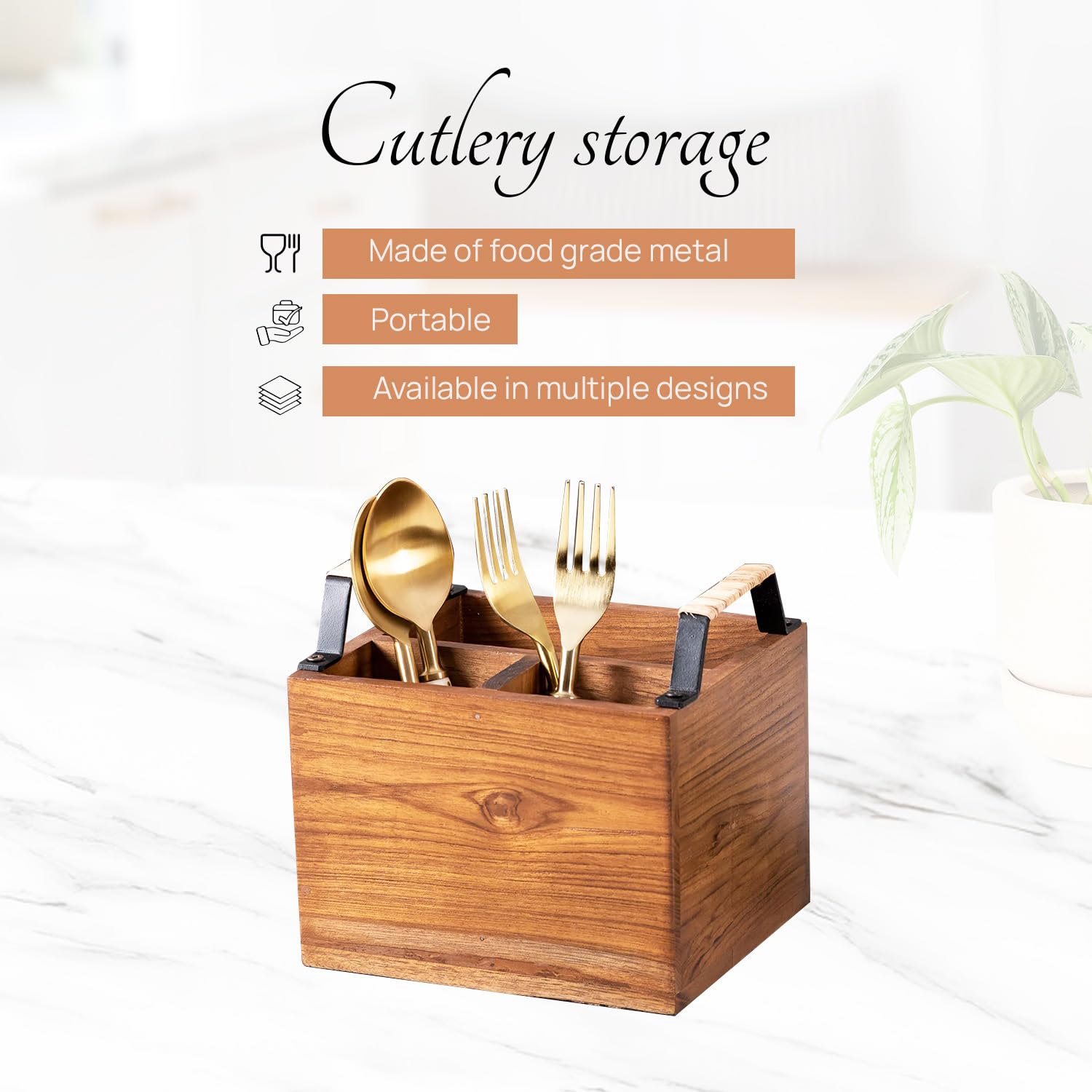 nestroots Spoon Stand with for Dining Table | Wooden cutlery holder multipurpose Diwali or Deepawali Gifts Iron Handles Black wi