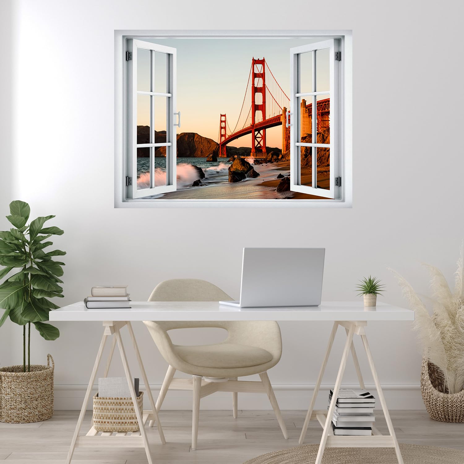 wall26 Removable Wall Sticker/Wall Mural Window View San Francisco Golden Gate Bridge Sunset Nature Wilderness Photography Realism Landscape Multicolor for Living Room  Bedroom  Office - 36''x48''