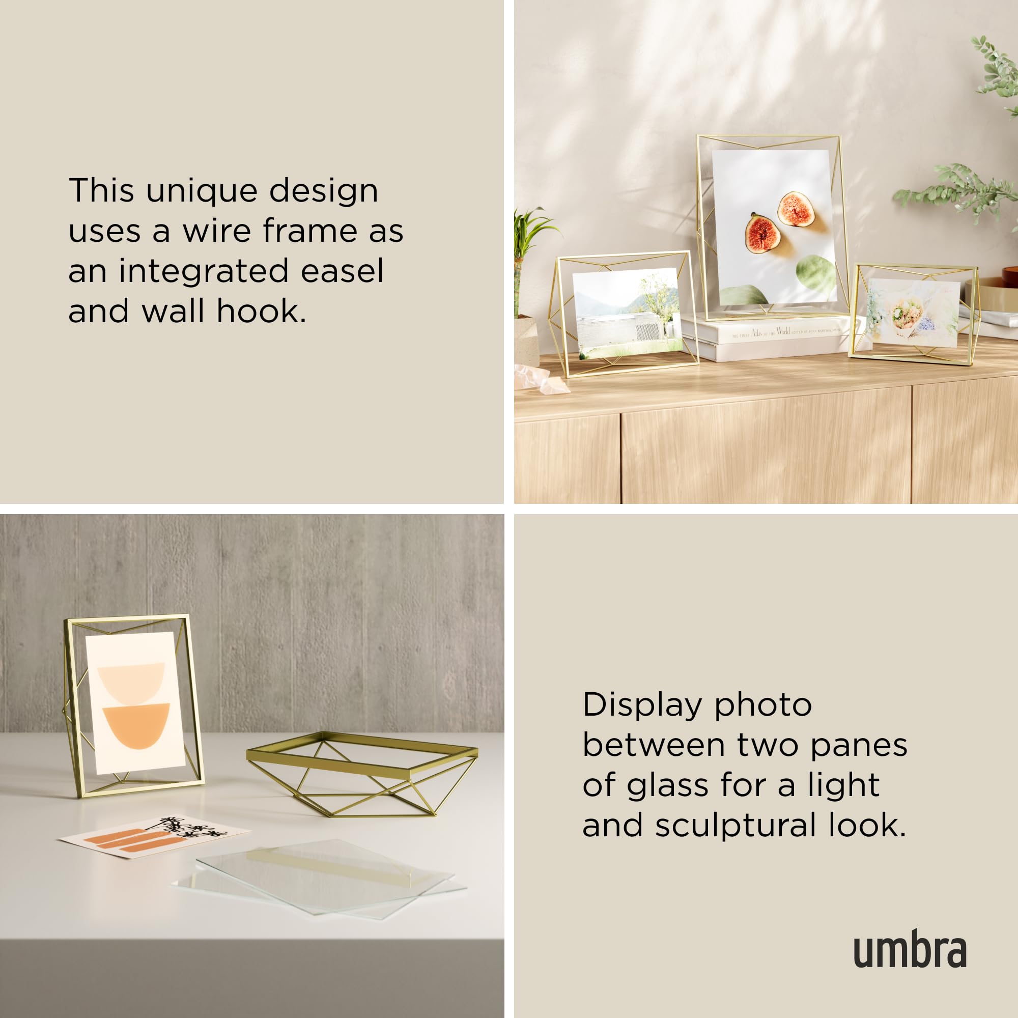 Umbra Prisma 5x7 Picture Frame, Metal Floating Wall or Desk Photo Display for Pictures, Art, Illustrations and More, Brass