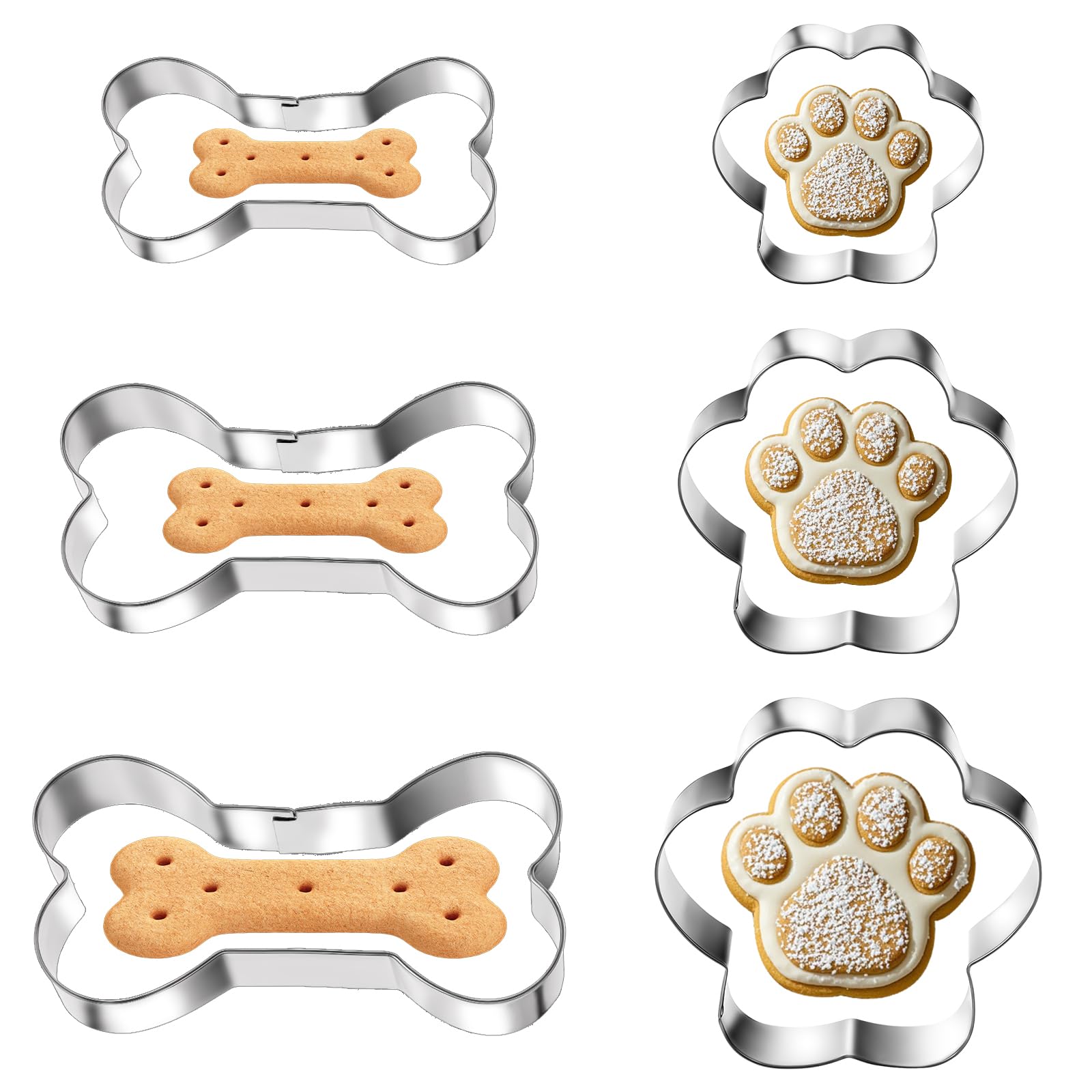 6 PCS Bone and Dog Footprints Cookie Cutters Set 3 Sizes Stainless Steel Dog Bone Cookie Cutter DogsTreat Cutters Dogs Shaped Co