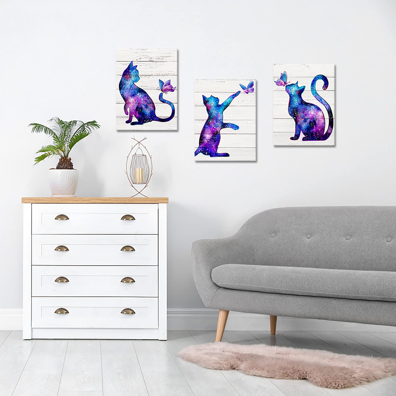 LoveHouse Cat Canvas wall art With Butterfly Colorful Cat Pictures Framed for Kids Girls Bedroom Watercolor Cats Paintings Decorations