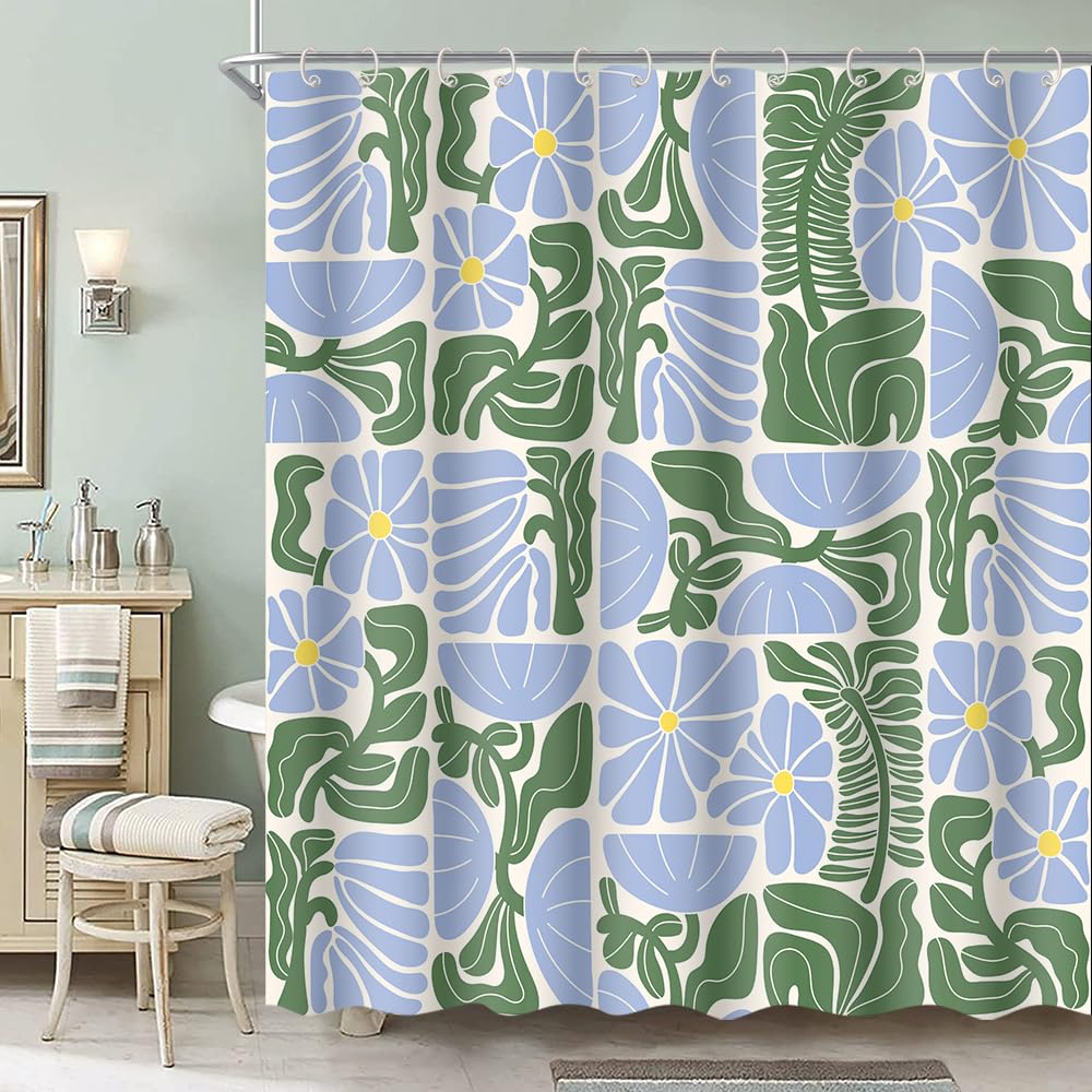 Deecabin Boho Abstract Colorful Floral Shower Curtain, Vintage Retro Patchwork Blue Green Flower Botanical Geometric Aesthetic G