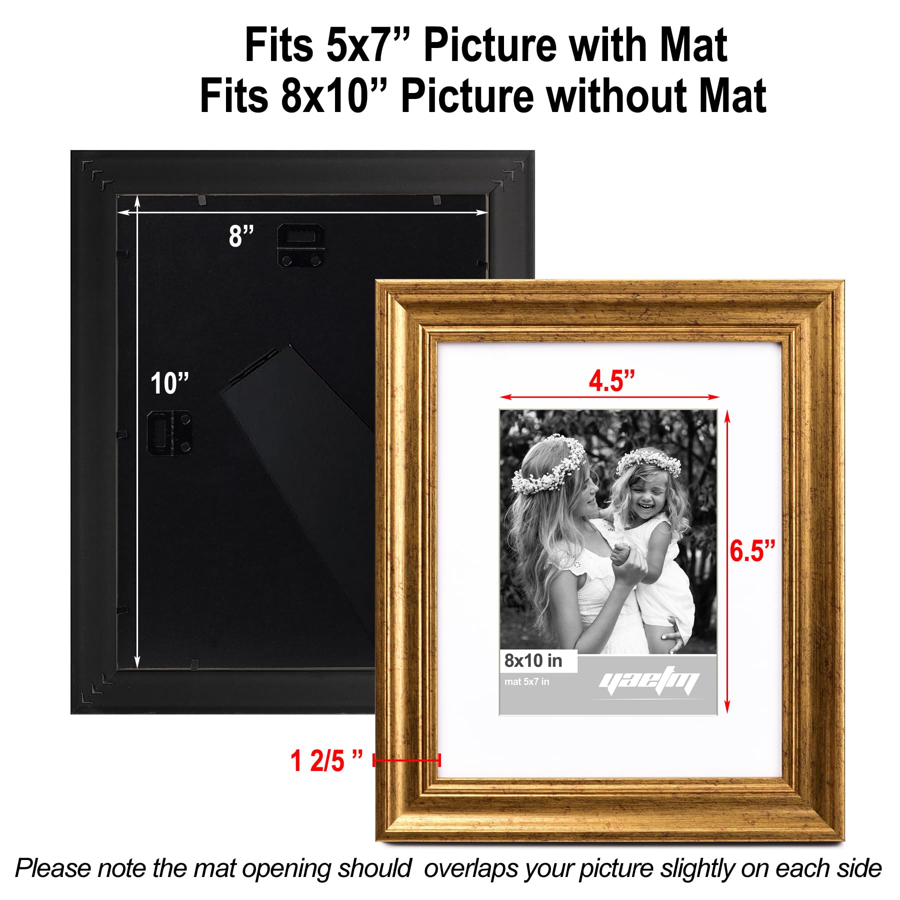 Yaetm 8x10 Picture Frame Matted to 5x7 Set of 4, 1.4    Wide Molding & Rustic Gold Photo Frames 8 x 10 with Tempered Glass, Disp