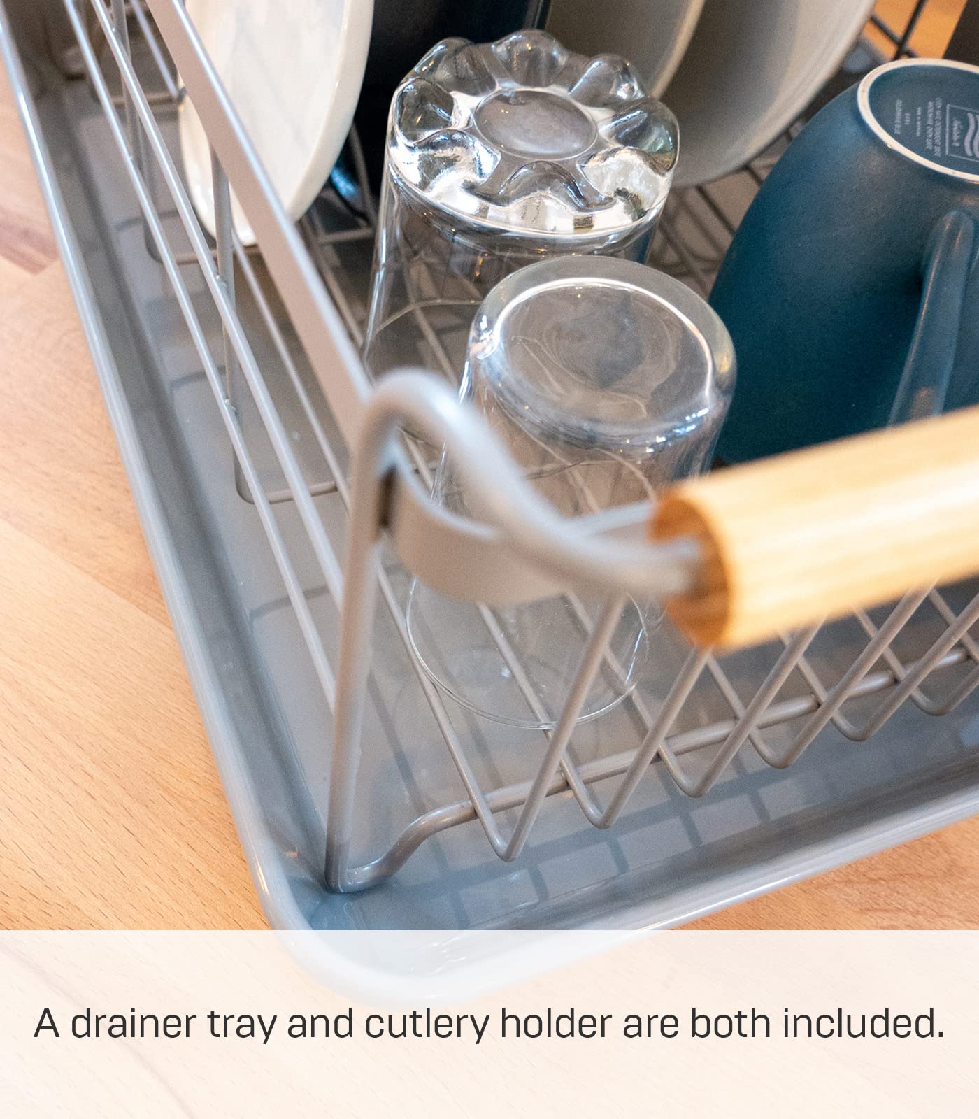 Yamazaki Home Sink Removeable Drainer Tray, Kitchen Drying Organizer Holder, One Size, White Steel + Wood | Dish Rack, Gray