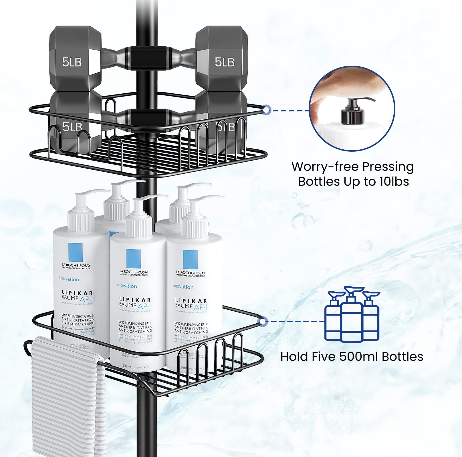 Seirione Rustproof Shower Corner Caddy Organizer For Bathroom, Freestanding Tension Pole With 4 Baskets, For Bathtub Shampoo Acc
