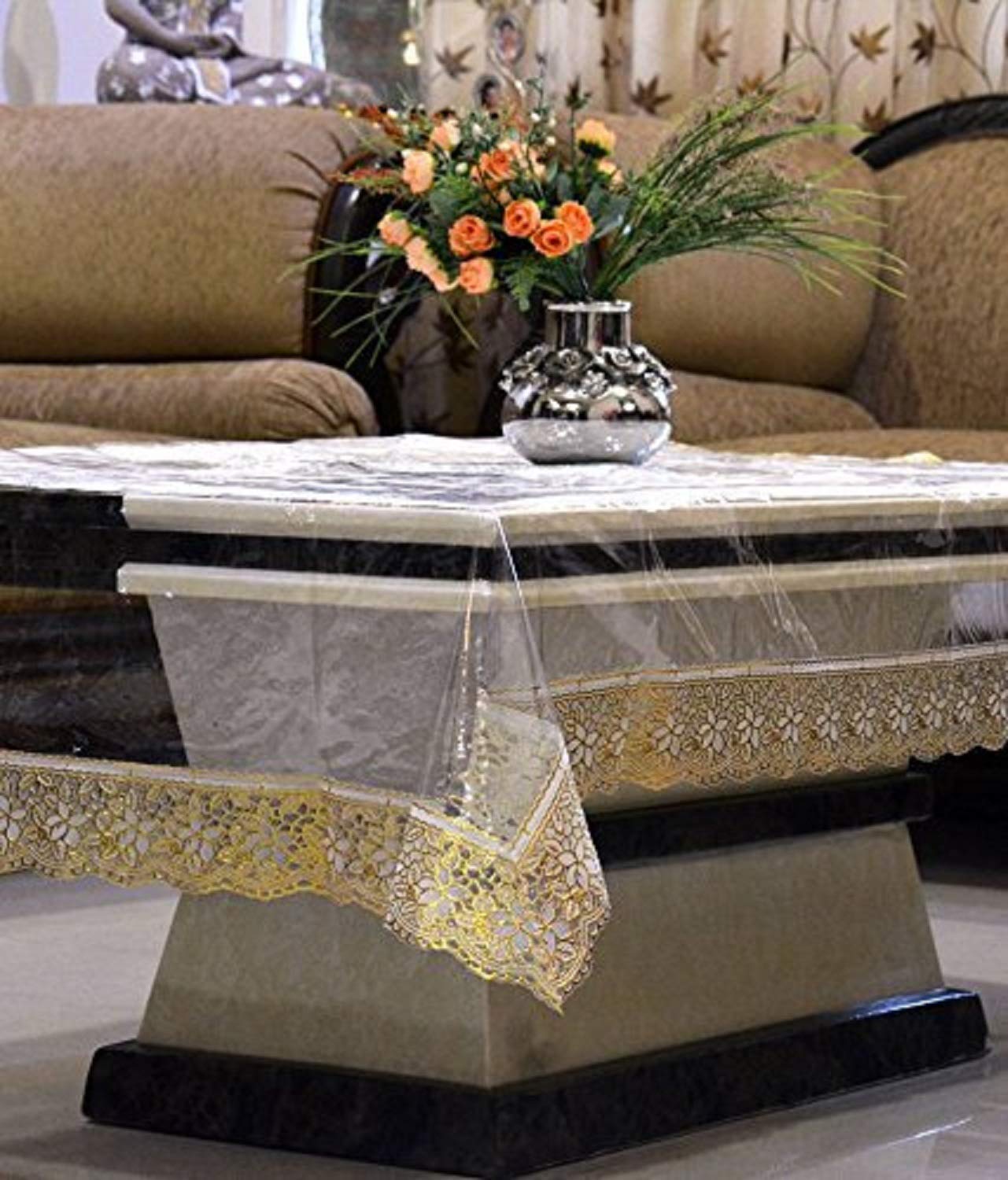 Kuber Industries Transparent Center Table Cover 4 Seater 40 * 60 Inches (Golden Lace)