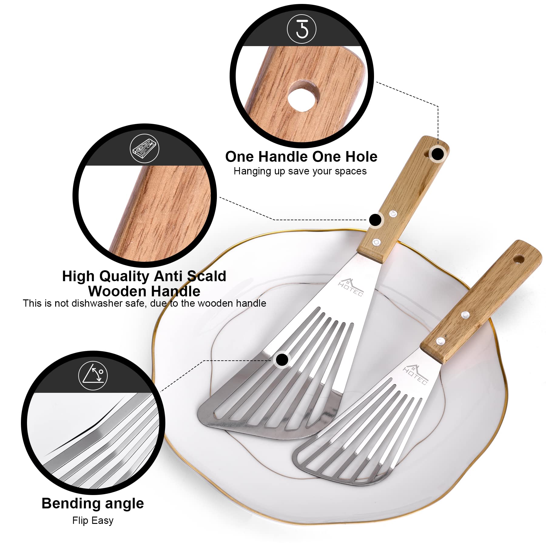 Hotec Stainless Steel Thin Slotted Fish Turner Spatula, Wooden Handle With Sloped Head Design, Durable And Lightweight, Metal Sp