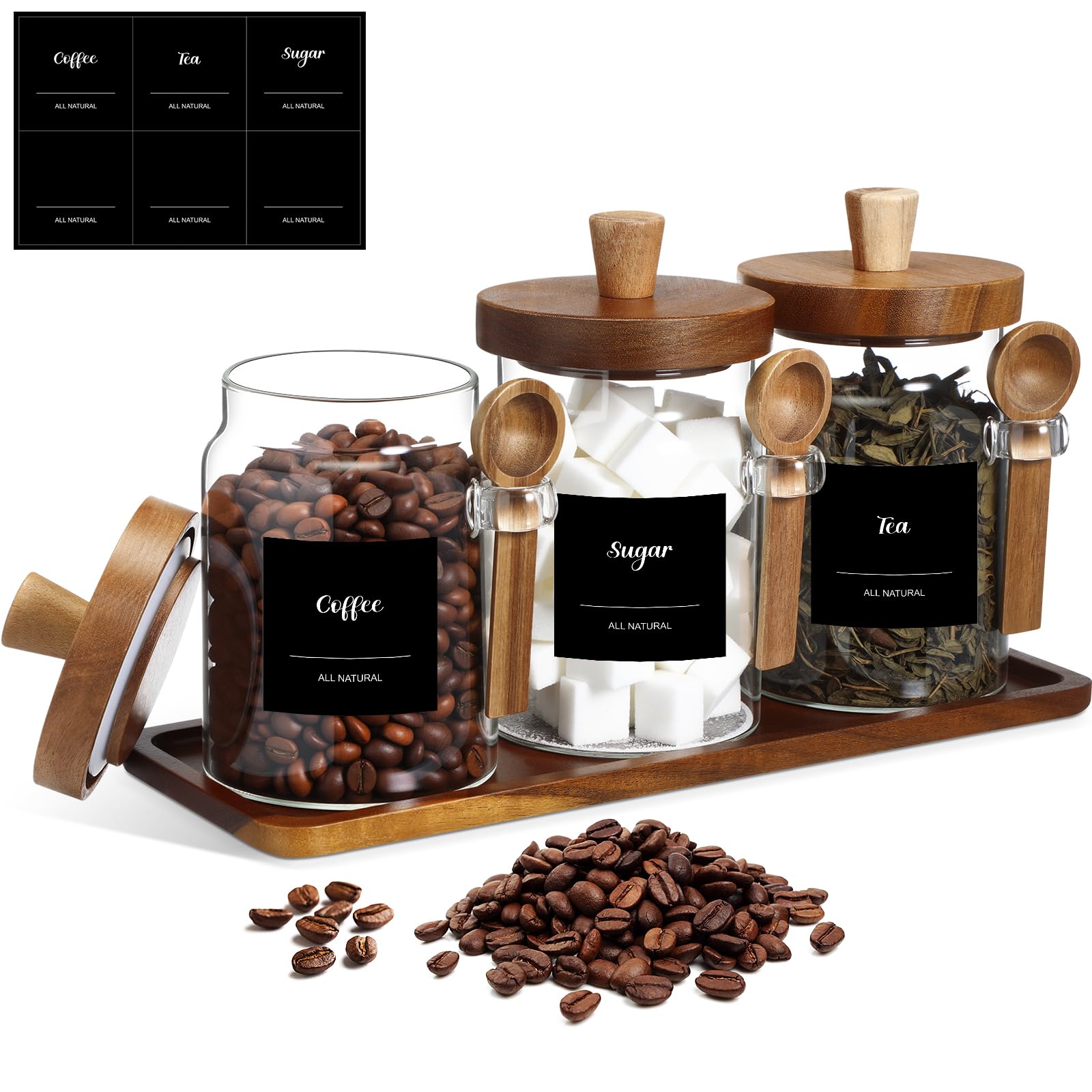 Suclain 3 Pcs Glass Coffee Container Set, 20 oz, Acacia Brown