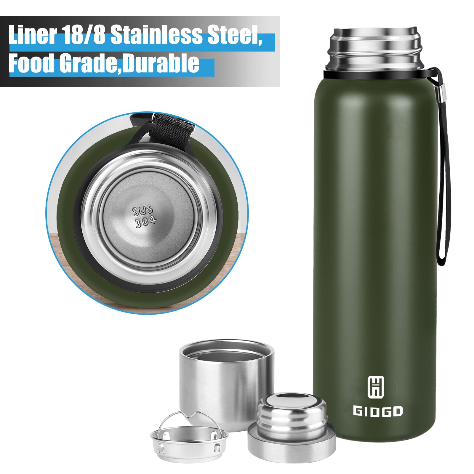 Insulated Vacuum Thermo Bottle 33Oz With Cup Lid Leakproof Stainless Water Flask For Coffee Hot And Cold Drink.(Green,1000Ml)