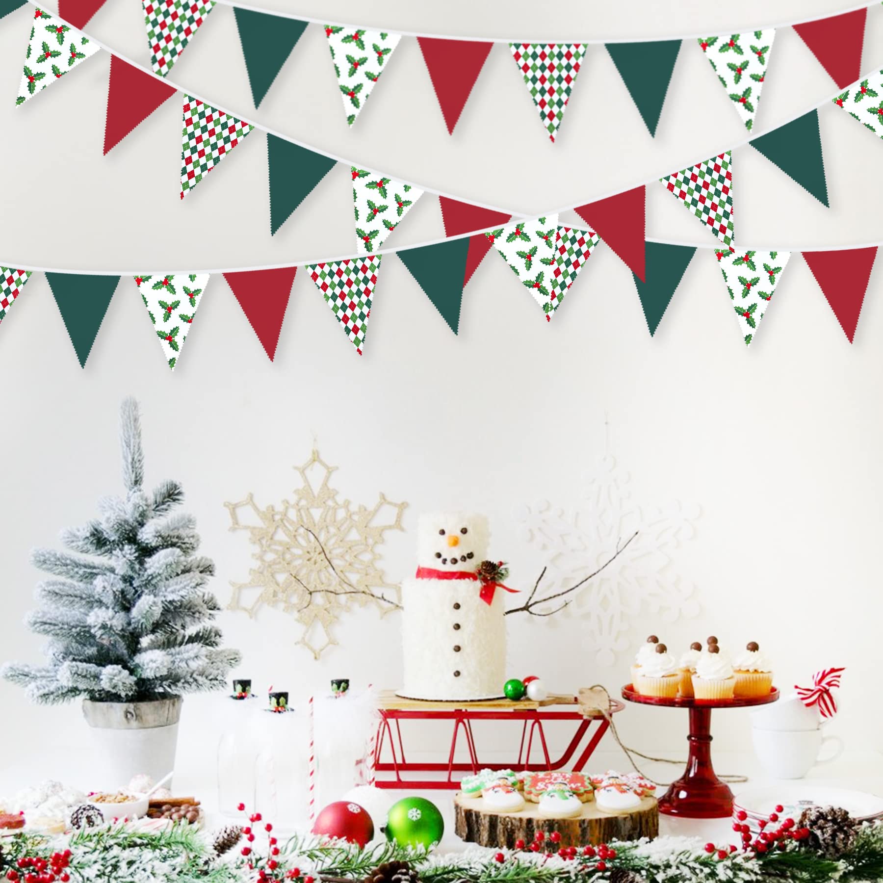 10M/32Ft Red Green Christmas Party Decorations Clearance Red Green Checkered And Holly Berries Triangle Flag Pennant Bunting Fab