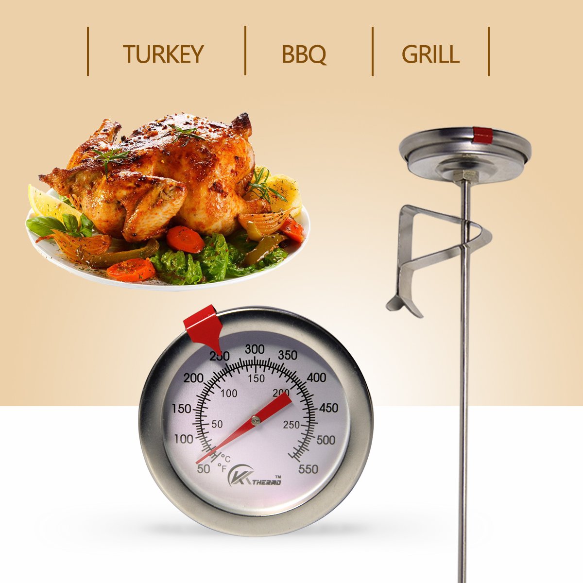 Kt Thermo Deep Fry Thermometer With Instant Read,Dial Thermometer,12'' Stainless Steel Stem Meat Cooking Thermometer,Best For Tu